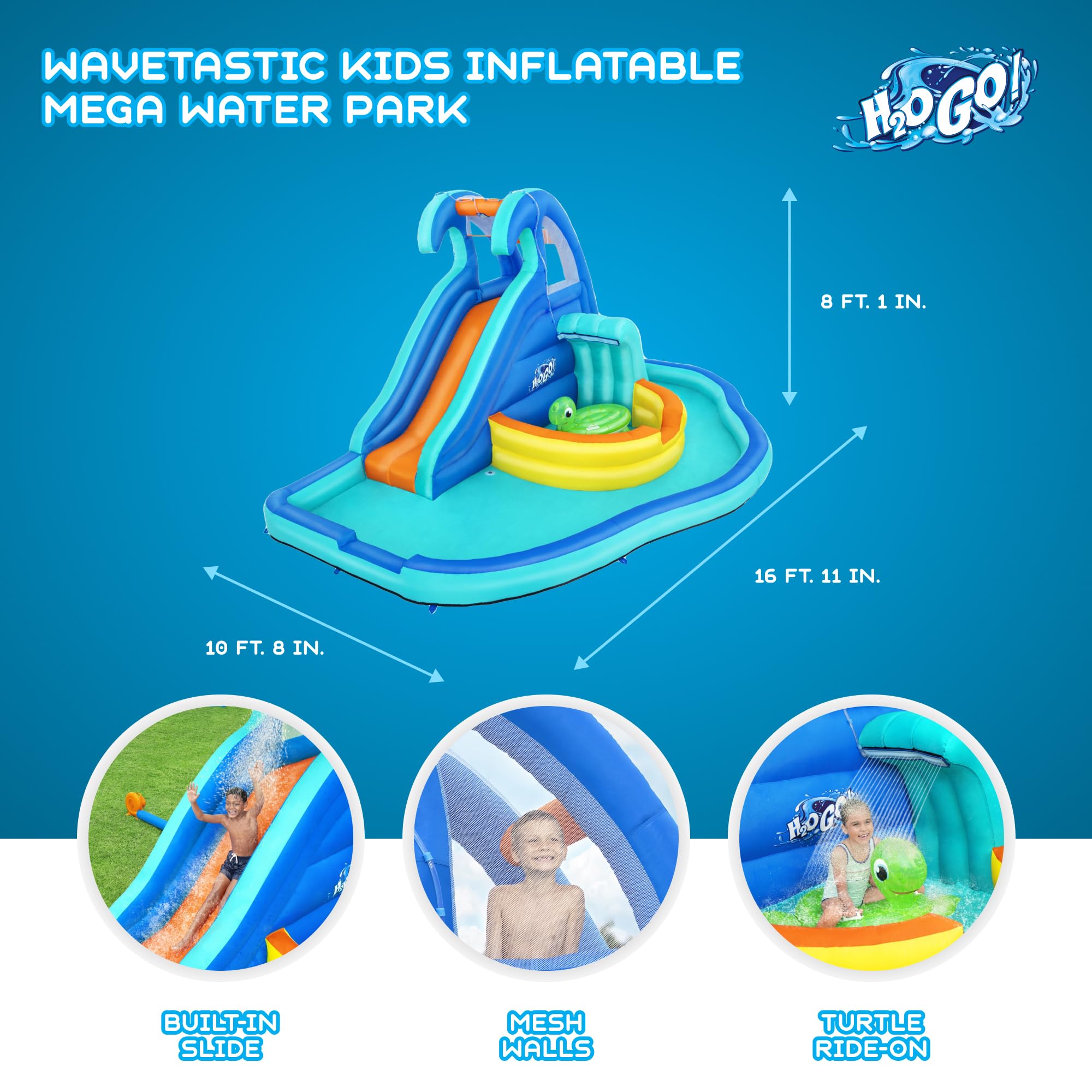 Bestway H2OGO! Wavetastic 16-Foot Inflatable Water Park for Kids - Outdoor Water Slide, Turtle Pool Float, Splash Sprinklers & Wave Pool | Perfect for Backyard Summer Fun, Birthday Parties & Family Gatherings