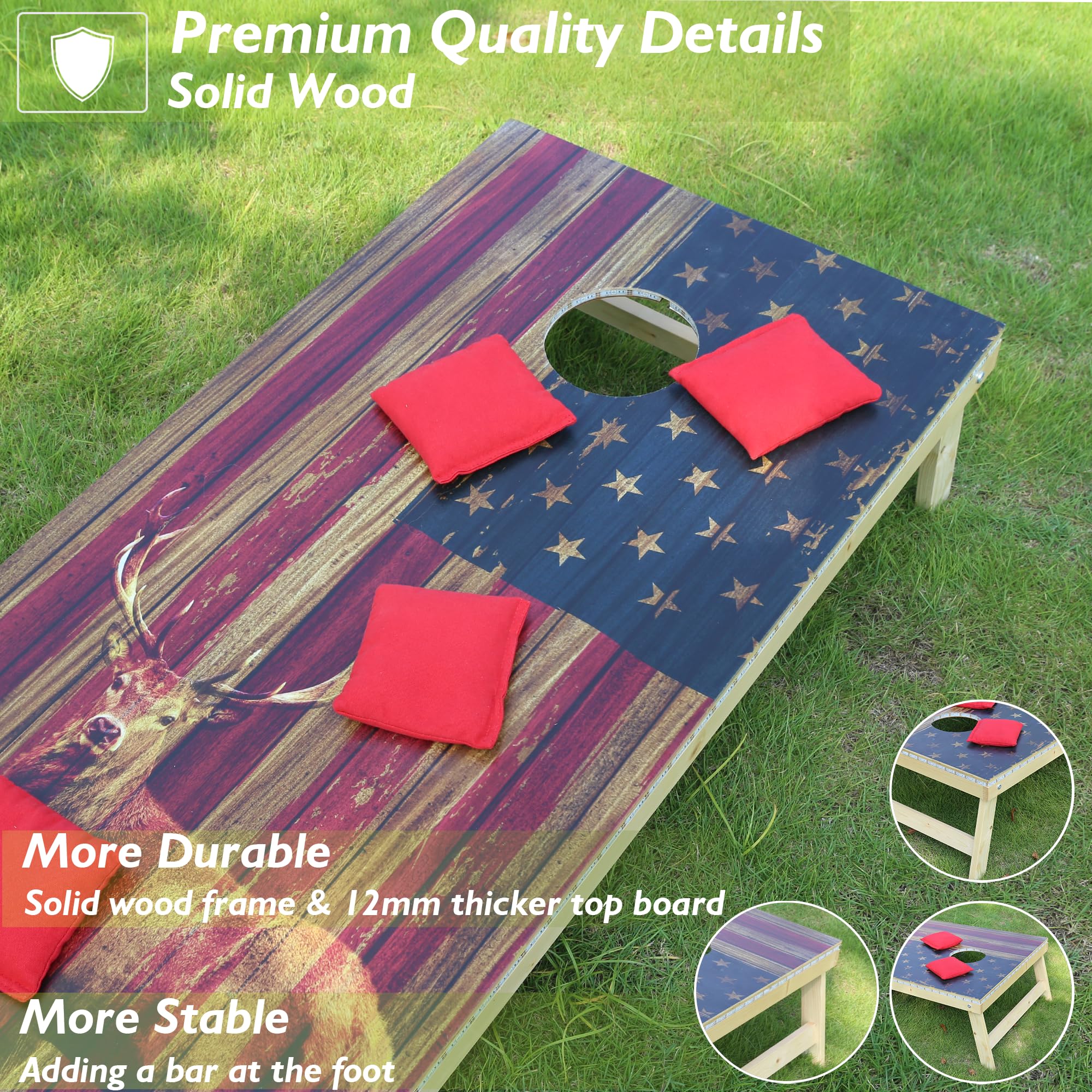 4FTx2FT LED Cornhole Board Set - Solid Wood Regulation Size Cornhole Game with LED Lights & 8 Bean Bags (USA Flag & Deer Design) - Perfect for Backyard Parties, Tailgating, and Outdoor Family Fun