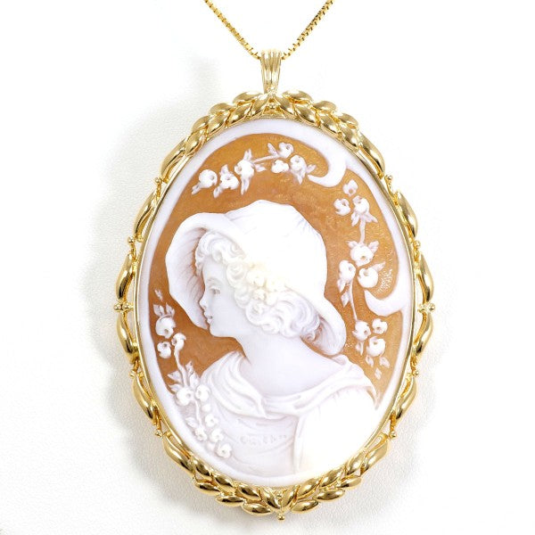 18K Yellow Gold Shell Cameo 2-Way Convertible Necklace & Brooch - Vintage Jewelry for Women, Elegant Gift for Mother's Day & Special Occasions