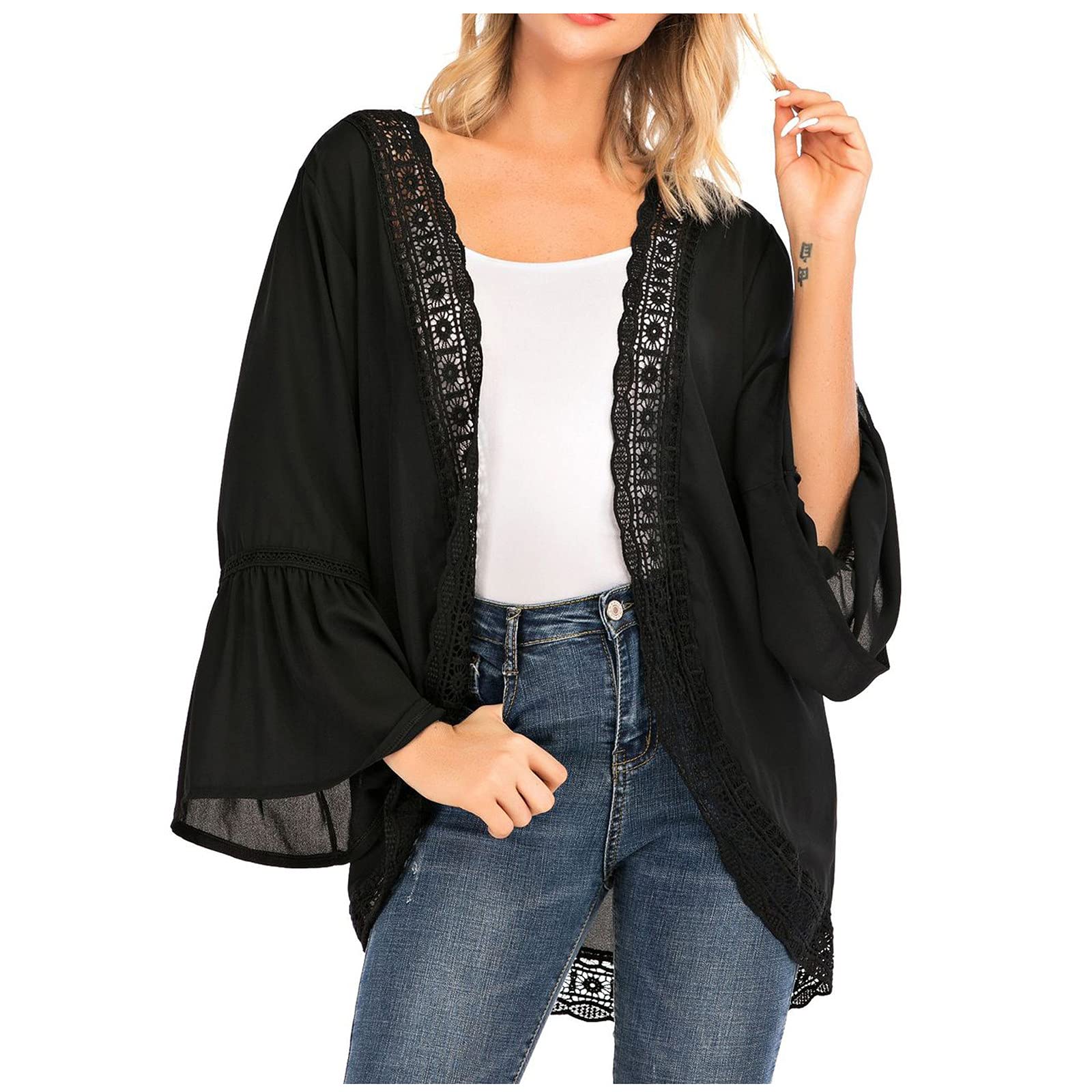 Women's Long Cardigans - Solid Color Lace Sleeve Chiffon Open Front Kimono Blouse Tops Lightweight Summer Cardigan S-3XL | Perfect for Beach Cover-ups, Office Wear & Casual Outfits