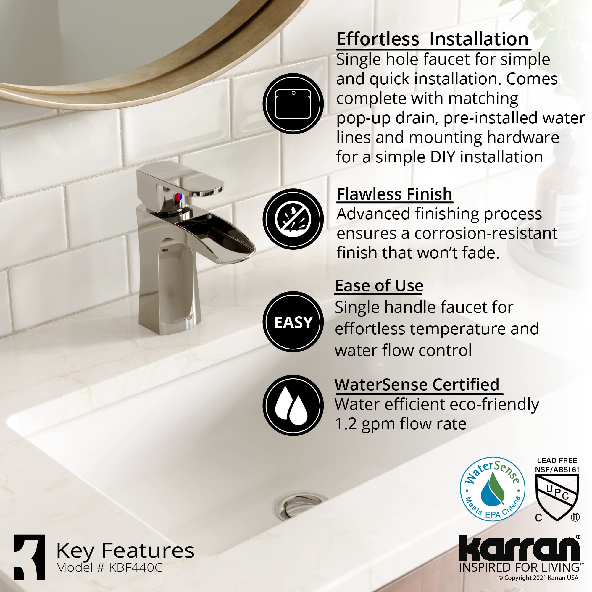 Karran KBF440 Kassel Single Hole Single Handle Bathroom Sink Faucet with Pop-Up Drain - Chrome Finish for Modern Vanity & Powder Room Installation