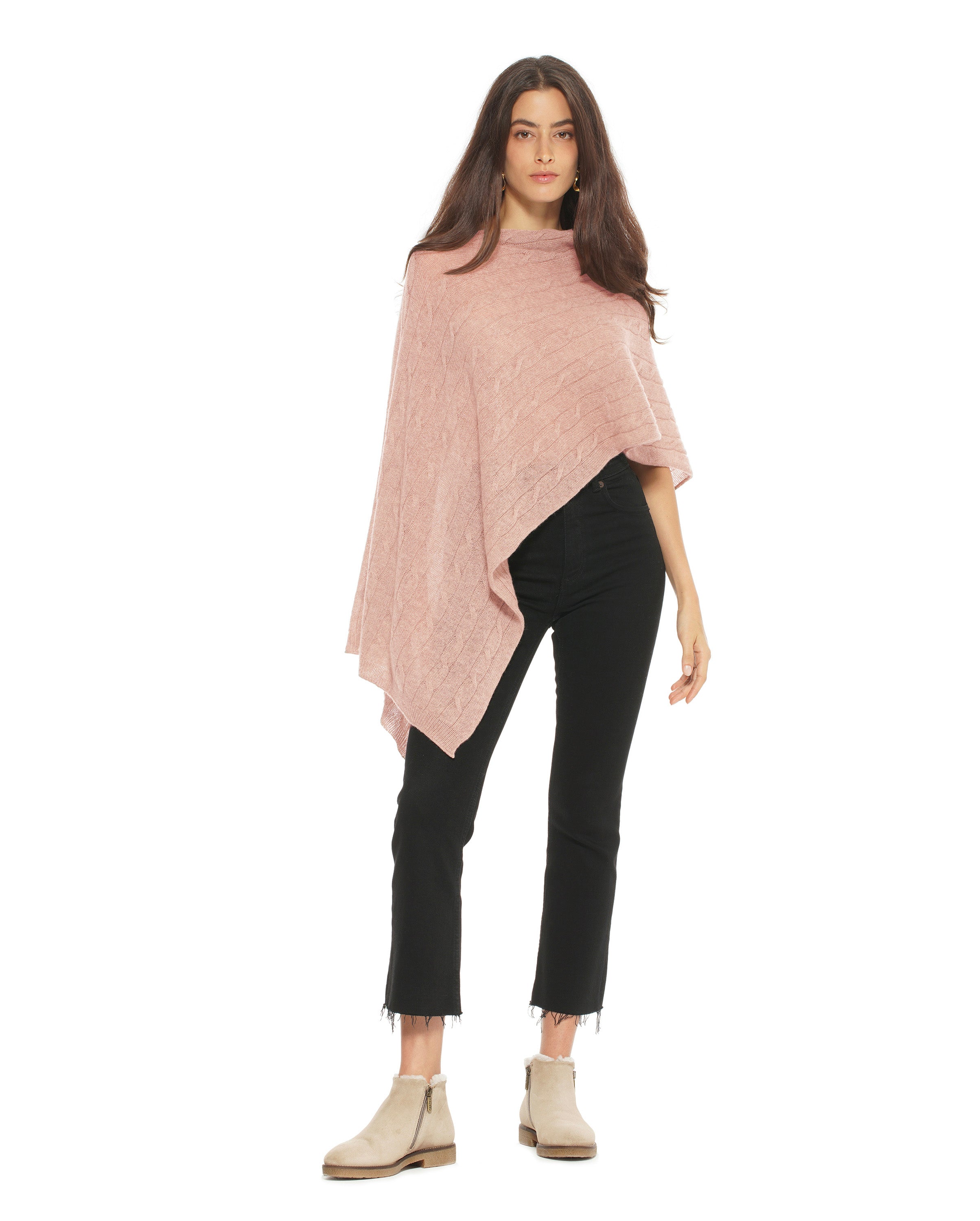 Luxury Women's Pure Cashmere Cable Knit Poncho - Soft Peach Winter Wrap Shawl for Office, Travel & Cozy Evenings