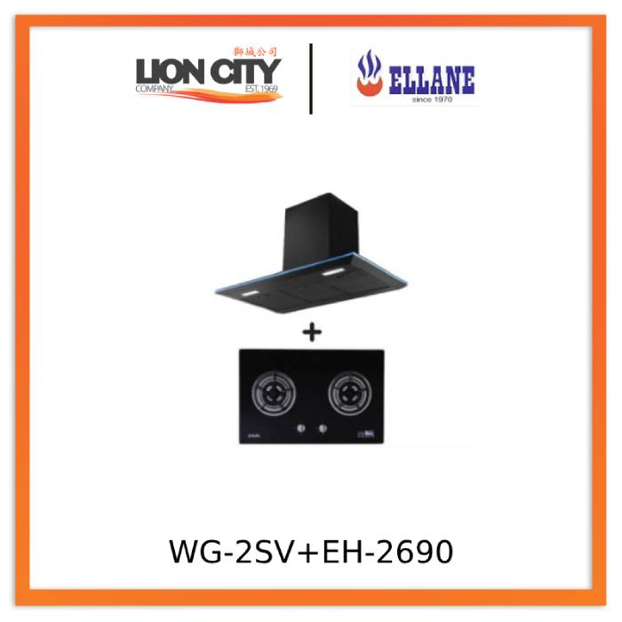 Ellane EH 2690 90cm Black Stainless Steel Designer Chimney Range Hood & WG 2SV 80cm 2-Burner Tempered Glass Gas Cooktop with Safety Features - Modern Kitchen Ventilation and Cooking Solution for Home Chefs