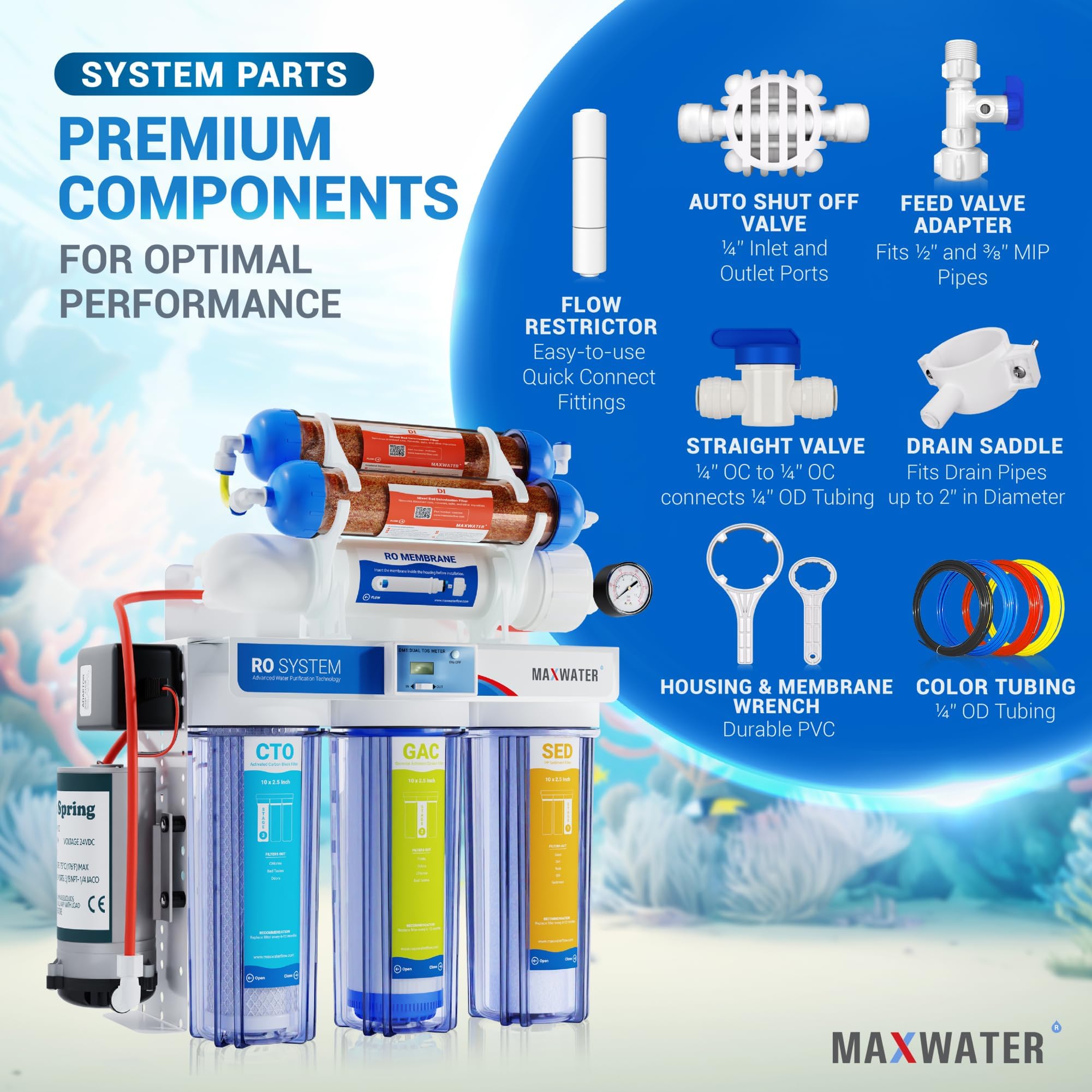 6 Stage 50 GPD Reverse Osmosis Deionization (RODI) Water Filtration System with Digital TDS Meter & Booster Pump - Pure Water for Aquariums, Hydroponics & Home Drinking Water
