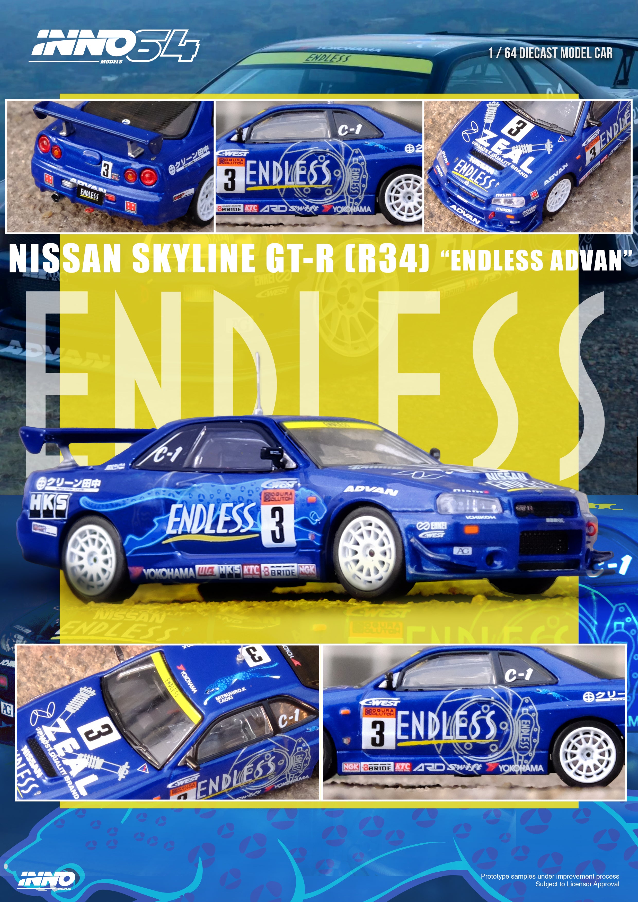 INNO64 1:64 Scale Nissan Skyline GT-R (R34) #3 ENDLESS ADVAN Super Taikyu Series 2002 Winner Diecast Model Car - Collectible Toy for Display, Racing Enthusiasts & Diecast Collectors - Perfect for Home Office Decor, Car Shows & Gift Giving