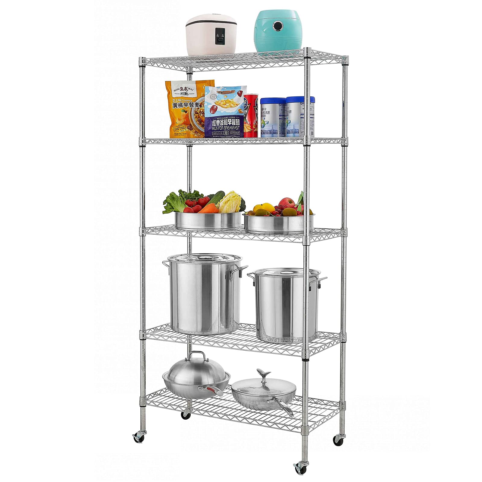 Adjustable 5-Tier Steel Wire Shelving Unit with PE Mat, Leveling Feet & Safety Device - 90 x 45 x 180cm Chrome Storage Rack for Garage, Kitchen, Pantry Organization & Commercial Use
