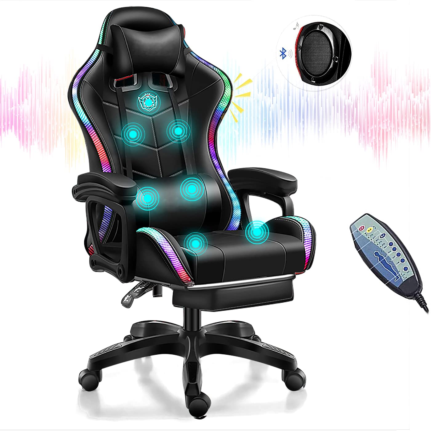 Ergonomic Gaming Chair with LED Lights & Bluetooth Speakers - Adjustable Armrest, Swivel Racing Office Chair in PU Leather for Adults & Teens (Black) - Perfect for Esports, Streaming & Home Office Setup