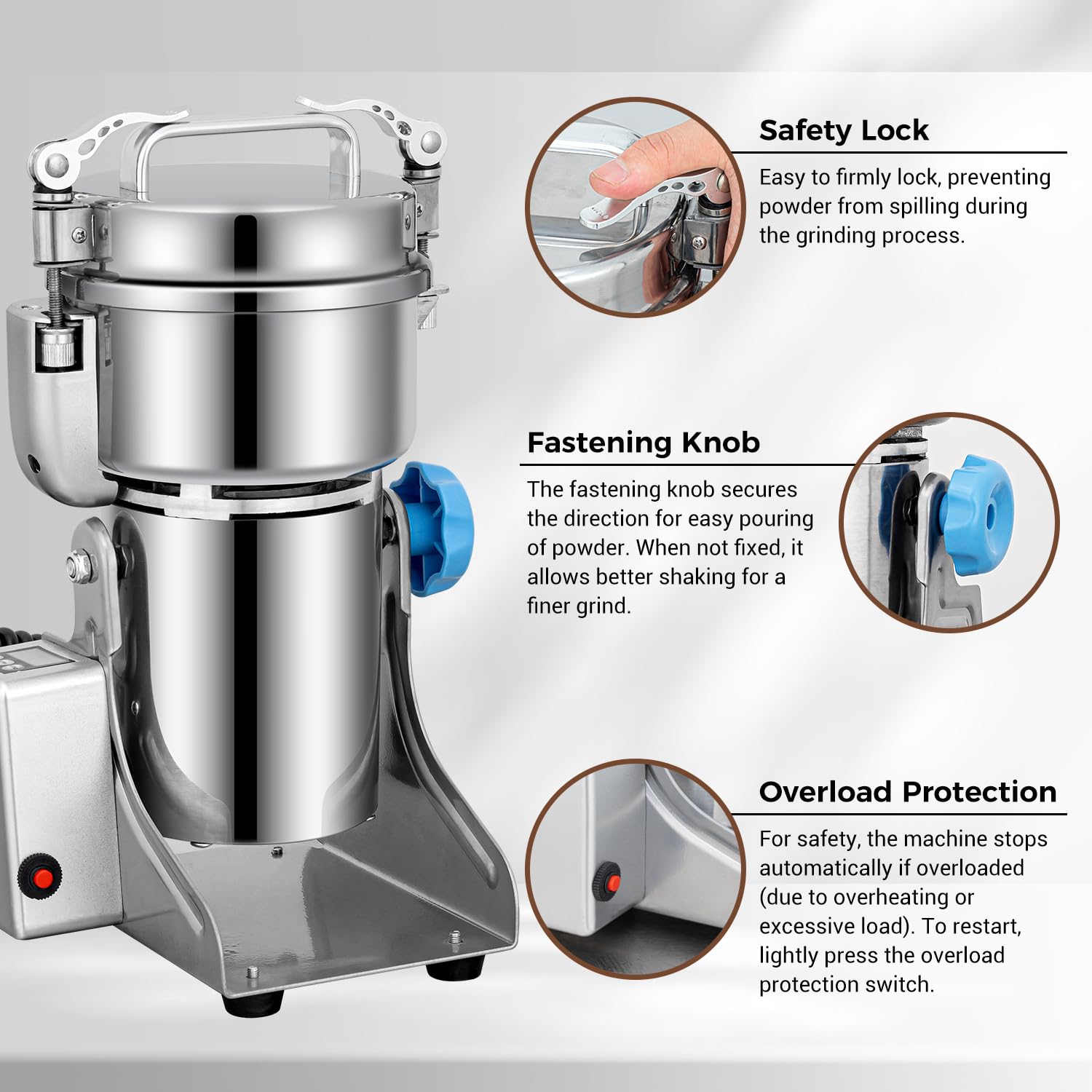 Commercial Electric Grain Mill Grinder 1500W - 500g Stainless Steel Spice Grinder for Wheat, Oats, Corn, Pepper & Coffee Beans - Perfect for Kitchen, Bakery & Coffee Shop Use