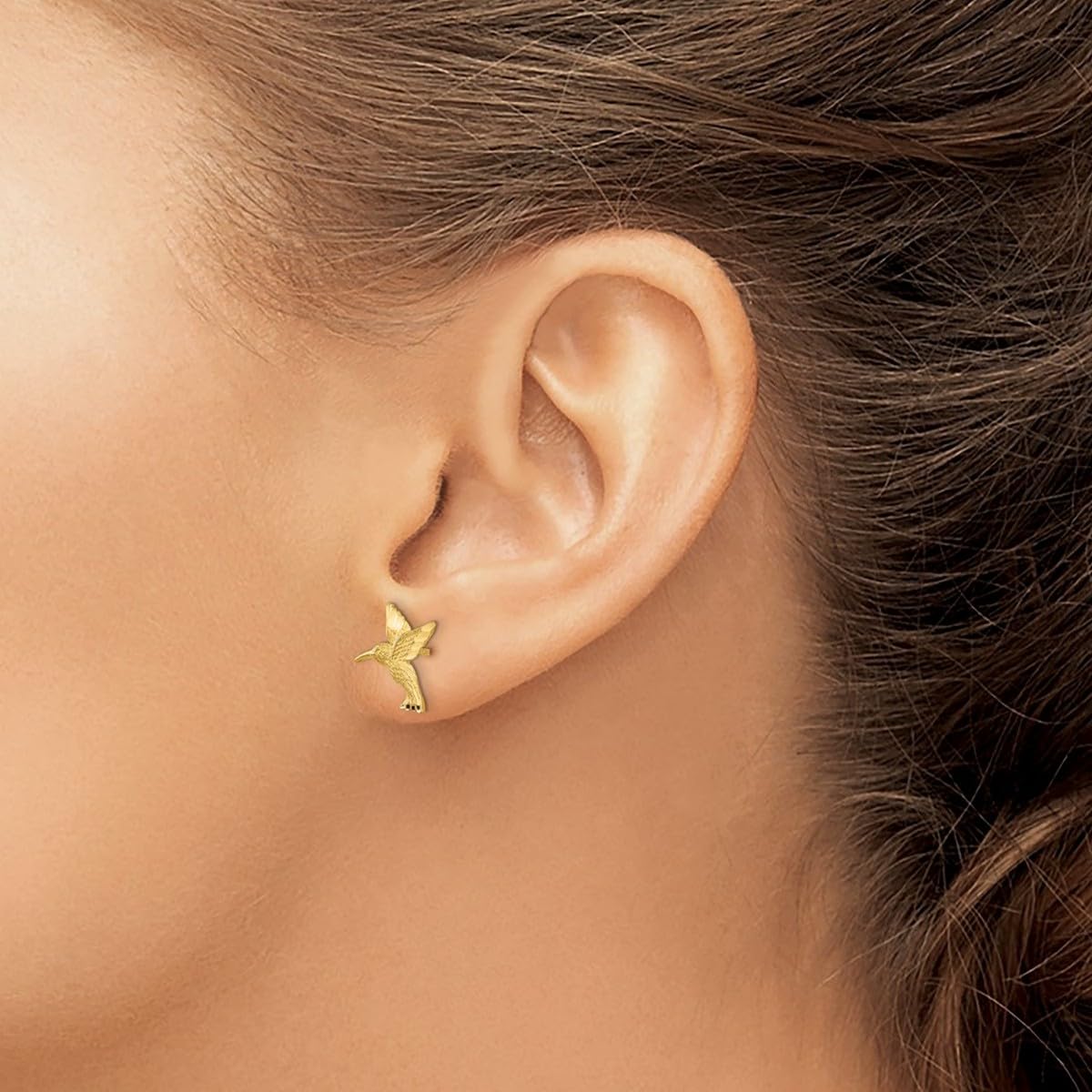 14K Yellow Gold Satin Textured Hummingbird Stud Earrings 15x12mm - Dainty Women's Jewelry Gift for Birthday, Anniversary & Everyday Wear
