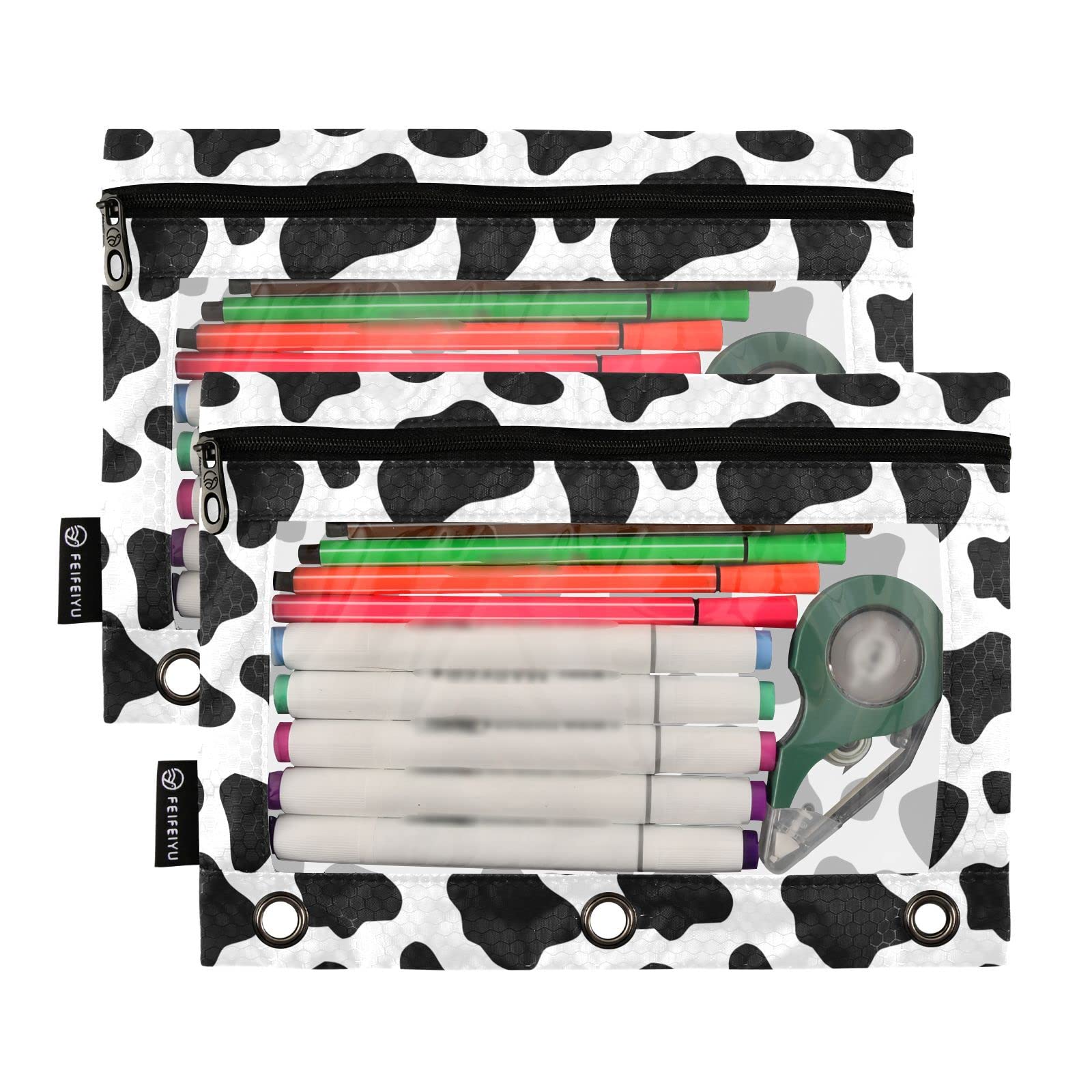 ALAZA Black and White Cow Print 3-Ring Binder Pencil Pouch with Clear Window - 2 Pack Zippered Pencil Case for School, Office & College Supplies - Perfect for Organizing Pens, Makeup & Stationery