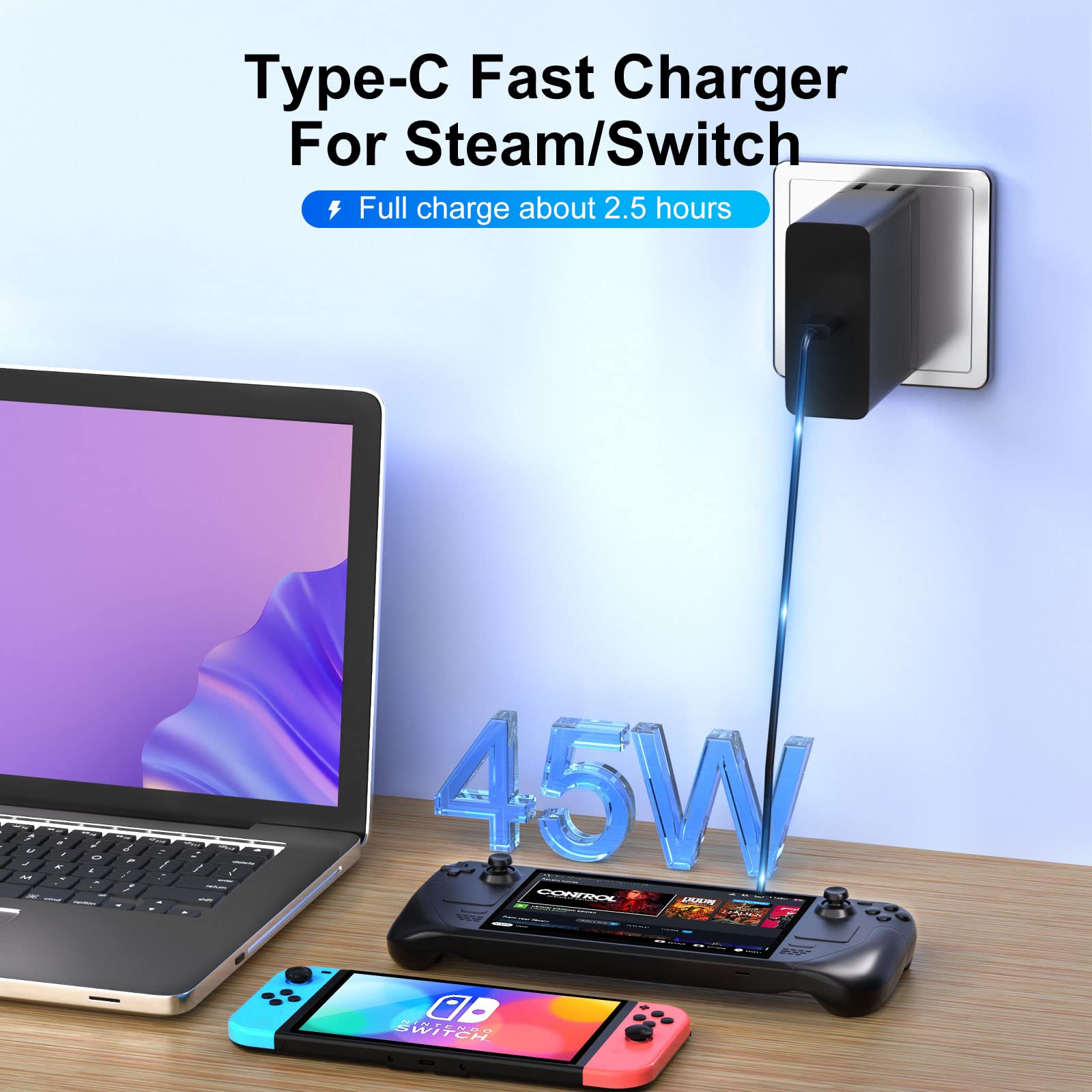 Steam Deck Dock with HDMI Cable & 45W USB-C Fast Charger - 6-in-1 Docking Station for Steam Deck with 4 USB 3.0 Ports, 4K/1080P Output - Perfect for Gaming, Streaming & Work Setup