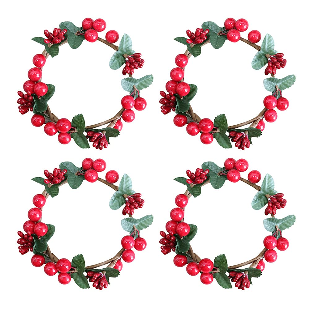 4Pcs Artificial Berry Garland Candlestick Cup Wreath - Christmas Table Decor for Holiday Centerpiece, Mantel & Fireplace Decoration