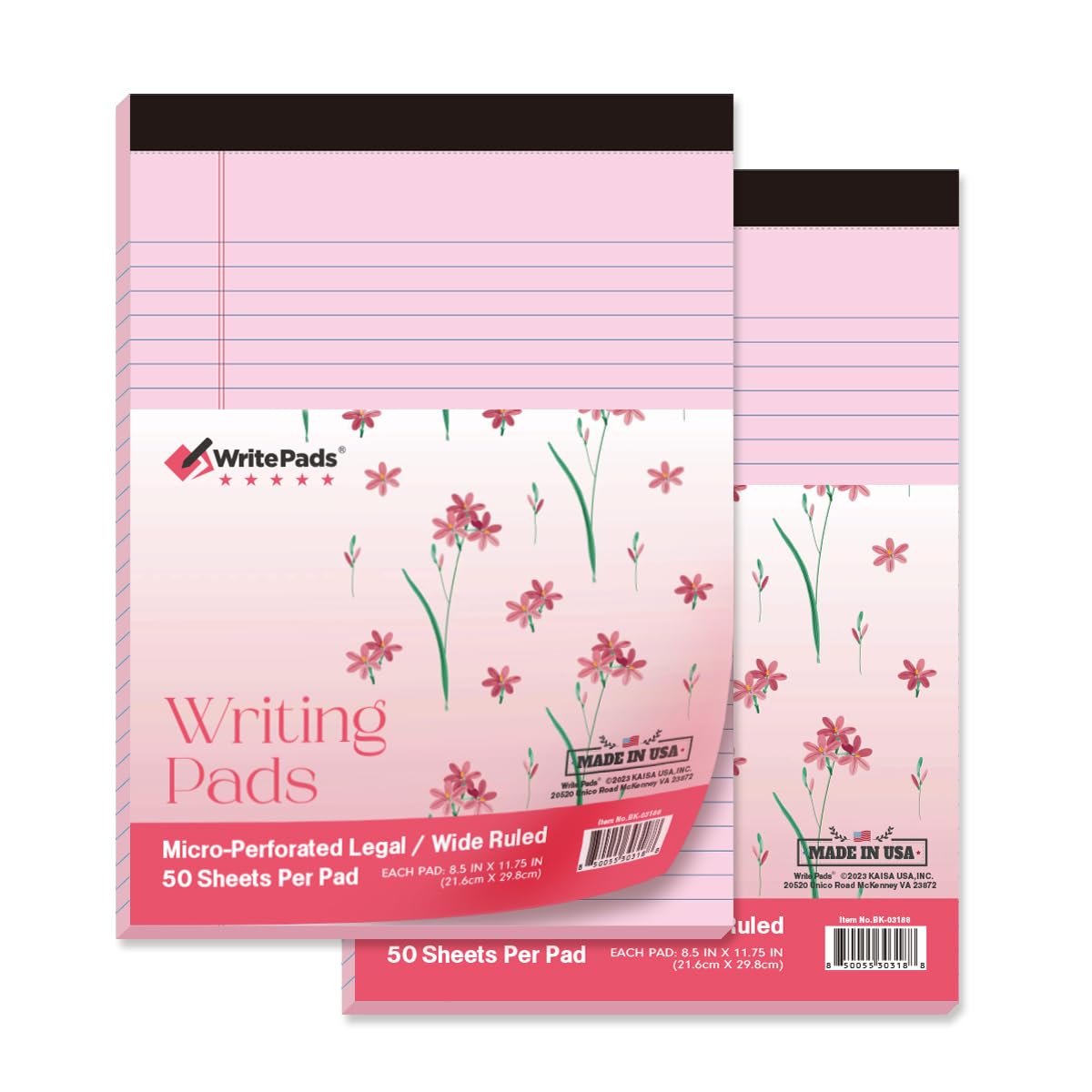KAISA Pink Legal Notepads 8.5x11 Inches - 2 Pack Wide Ruled Writing Pads with Flower Cover, 50 Sheets per Pad, 20lb Premium Heavy Weight Paper - Made in USA for Office, School, and Home Use