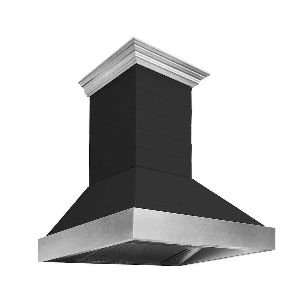ZLINE 36 Inch Rustic Shiplap Black Wooden Wall Mount Range Hood with Stainless Steel Accents - 365CC 36 - Perfect for Farmhouse & Modern Kitchen Ventilation