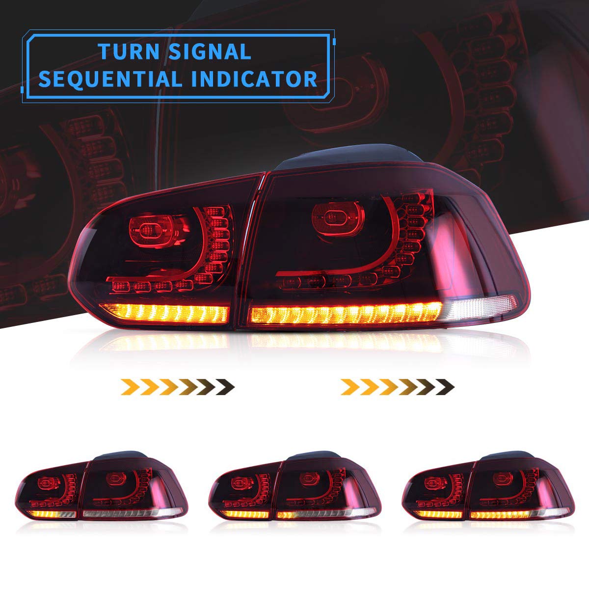 VLAND Full LED Tail Lights for VW Golf 6 MK6 (2010-2014) - Sequential Turn Signal, Red & Clear Lens - Rear Lamp Assembly - Upgrade for Night Driving & Enhanced Visibility