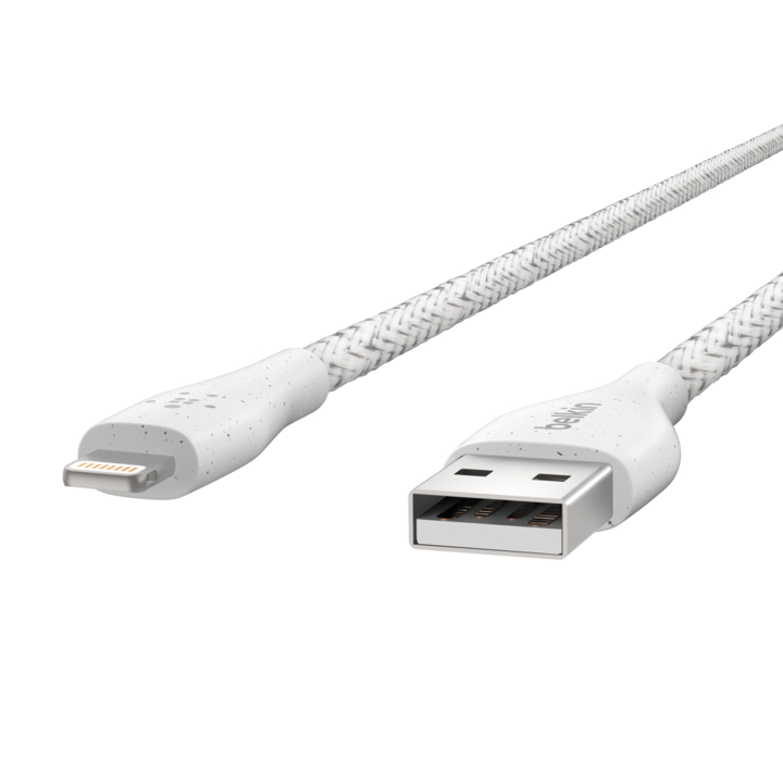 Belkin DuraTek Plus USB A to Lightning Cable 1.2M (4ft) - High Speed Charging & Sync Cable for iPhone, iPad - Durable White Charger Cord for Home, Office & Travel