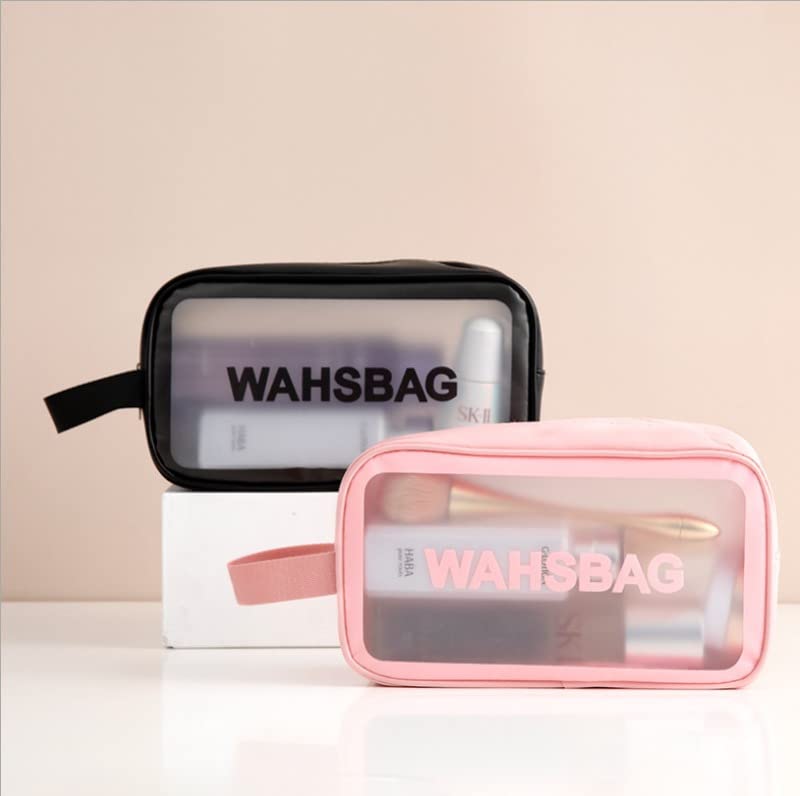 **Waterproof PVC Travel Toiletries Bag - Clear Cosmetic Makeup Organizer Pouch for Women | Portable Wash Bag for Shampoo, Lotion & Essentials | Perfect for Air Travel, Gym & Camping (Black)**
