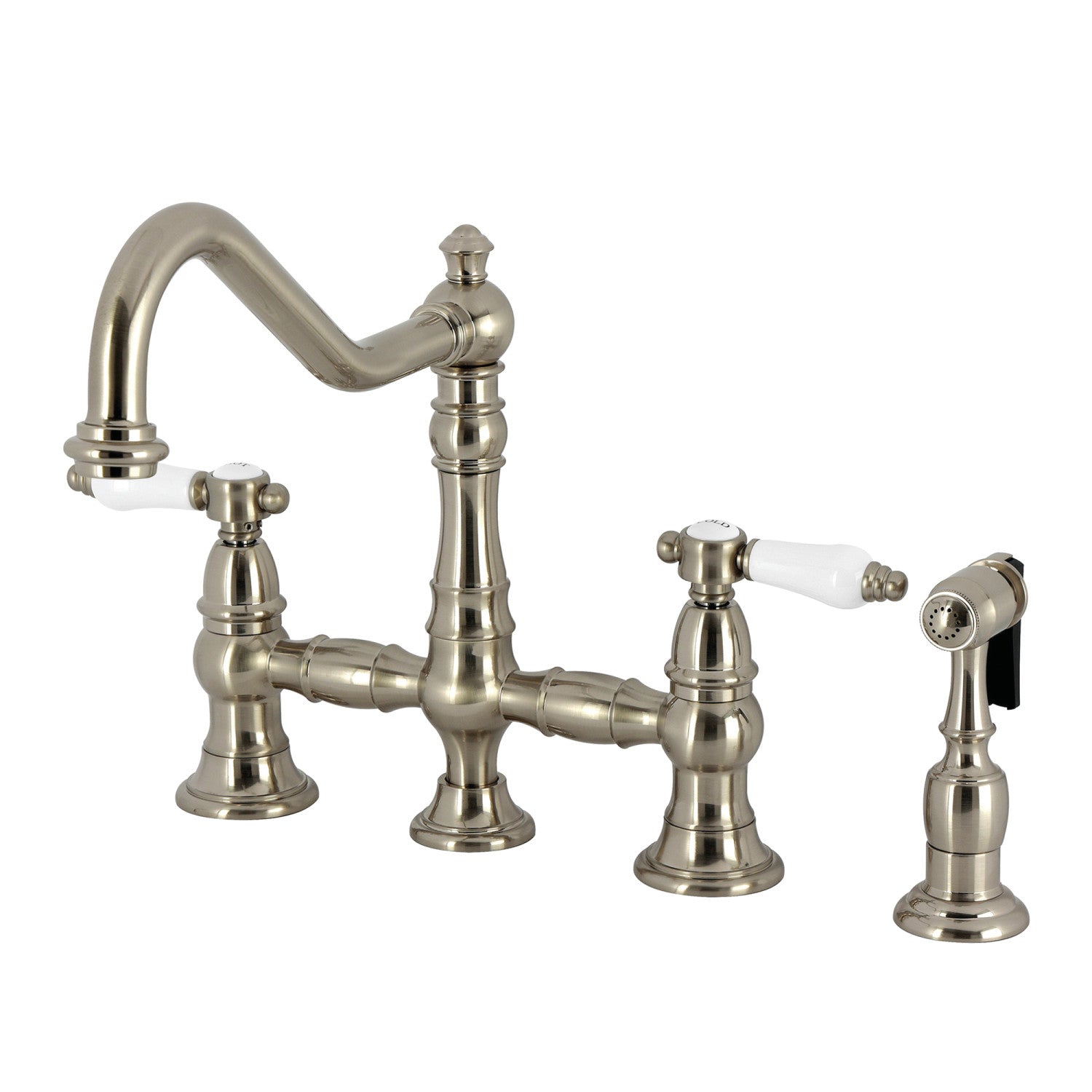 Bel Air KS3278BPLBS Brushed Nickel 2-Handle 4-Hole Deck Mount Bridge Kitchen Faucet with Brass Side Sprayer - Perfect for Farmhouse & Vintage Style Kitchens