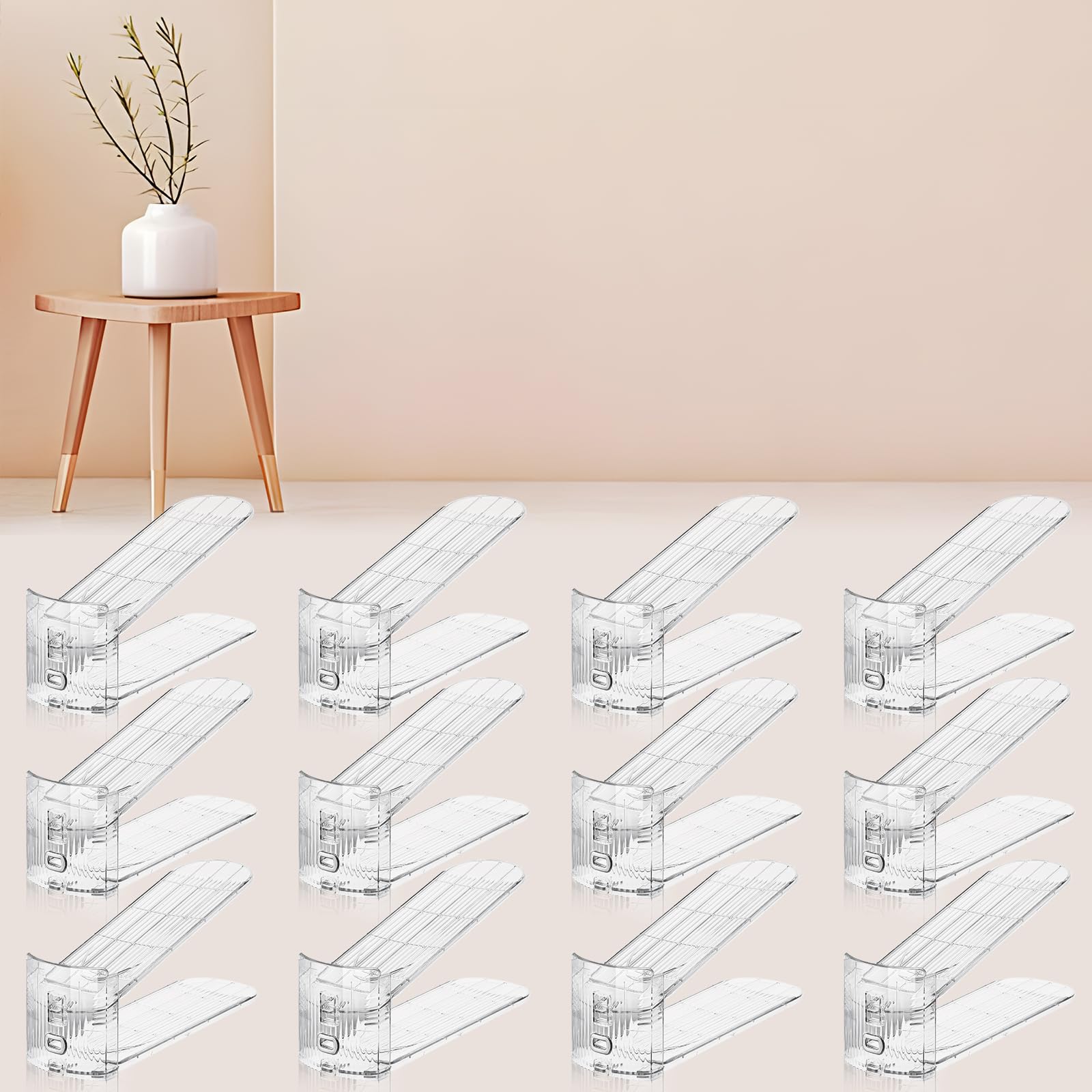 12-Pack Clear Shoe Stacker Organizer for Closet - Space Saving Shoe Rack & Storage Holder for Sneakers, Heels & Boots - Perfect for Small Closets, Dorm Rooms & Entryway Organization