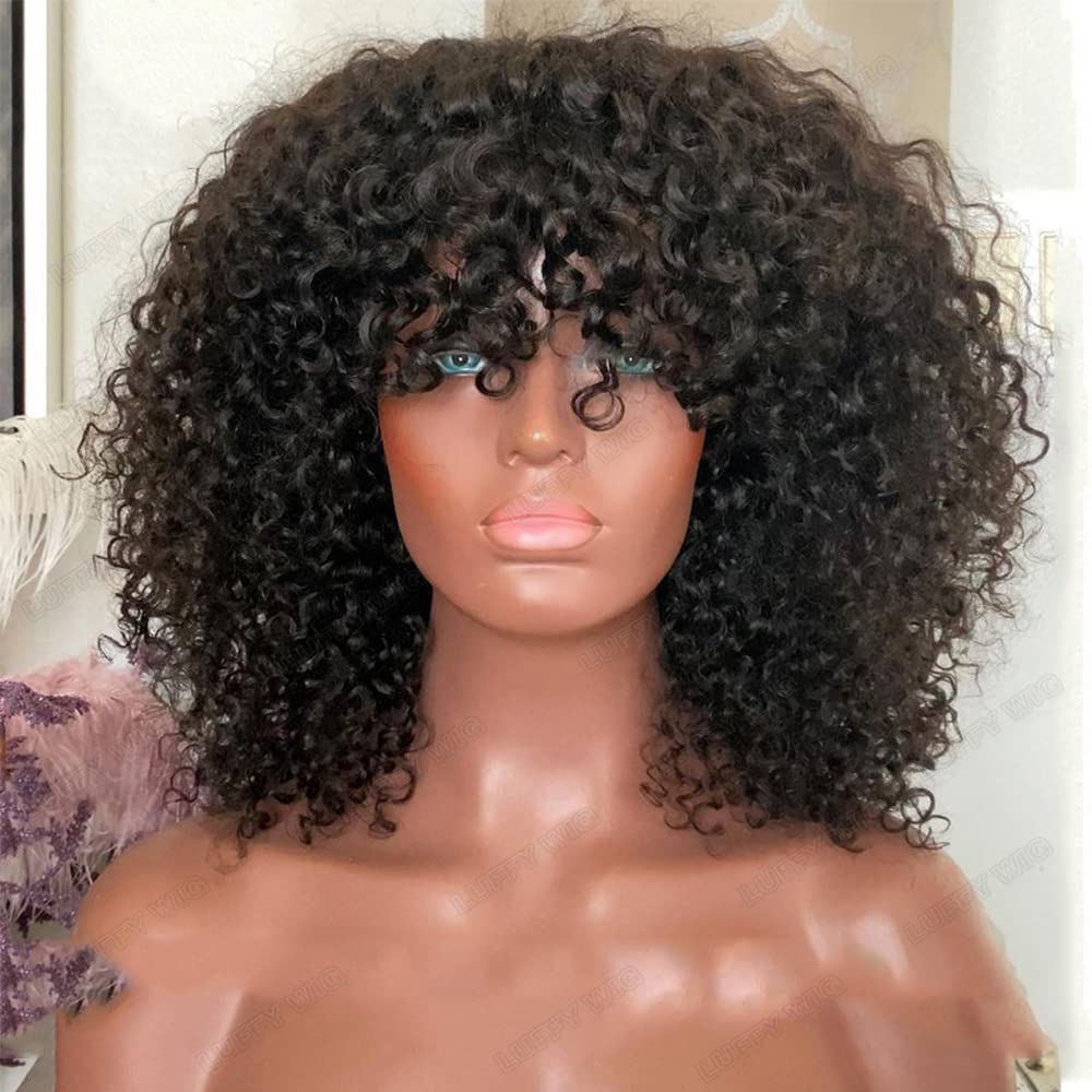 100% Brazilian Human Hair Wig with Bangs - 16 Inch Loose Curly Wig 180 Density for Black Women | O Scalp Top Full Machine Made | Natural Color | Perfect for Daily Wear, Parties & Special Occasions