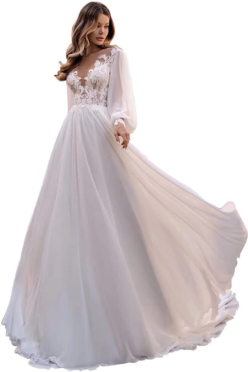 Elegant Long Sleeve Boat Neck Wedding Dress with Button Back - Crepe Satin Bridal Gown for Bride | Perfect for Church Ceremonies, Beach Weddings & Formal Receptions