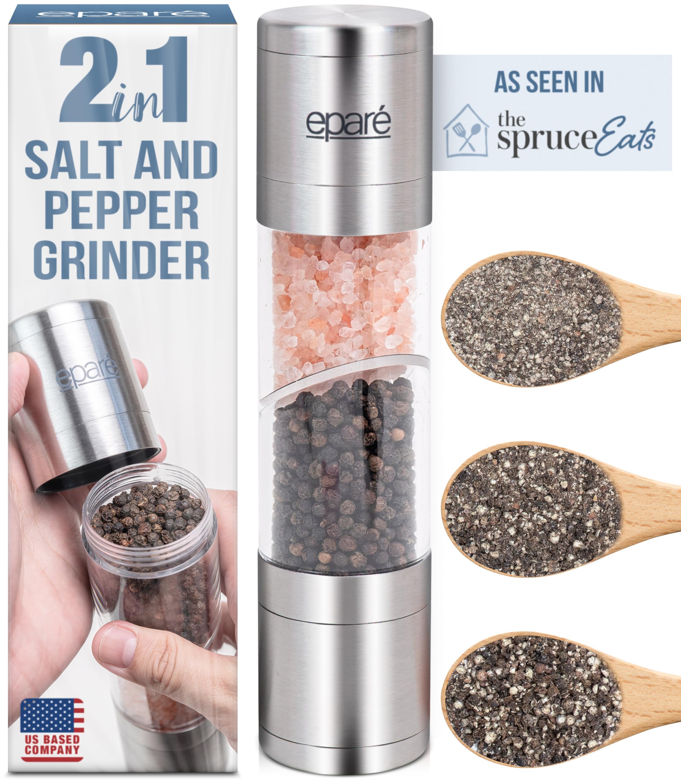 Premium 2-in-1 Salt and Pepper Grinder Set - Stainless Steel Manual Mill with Adjustable Coarseness - Refillable Himalayan Salt & Pepper Shaker - Perfect for Kitchen, Dining Table & Outdoor Cooking