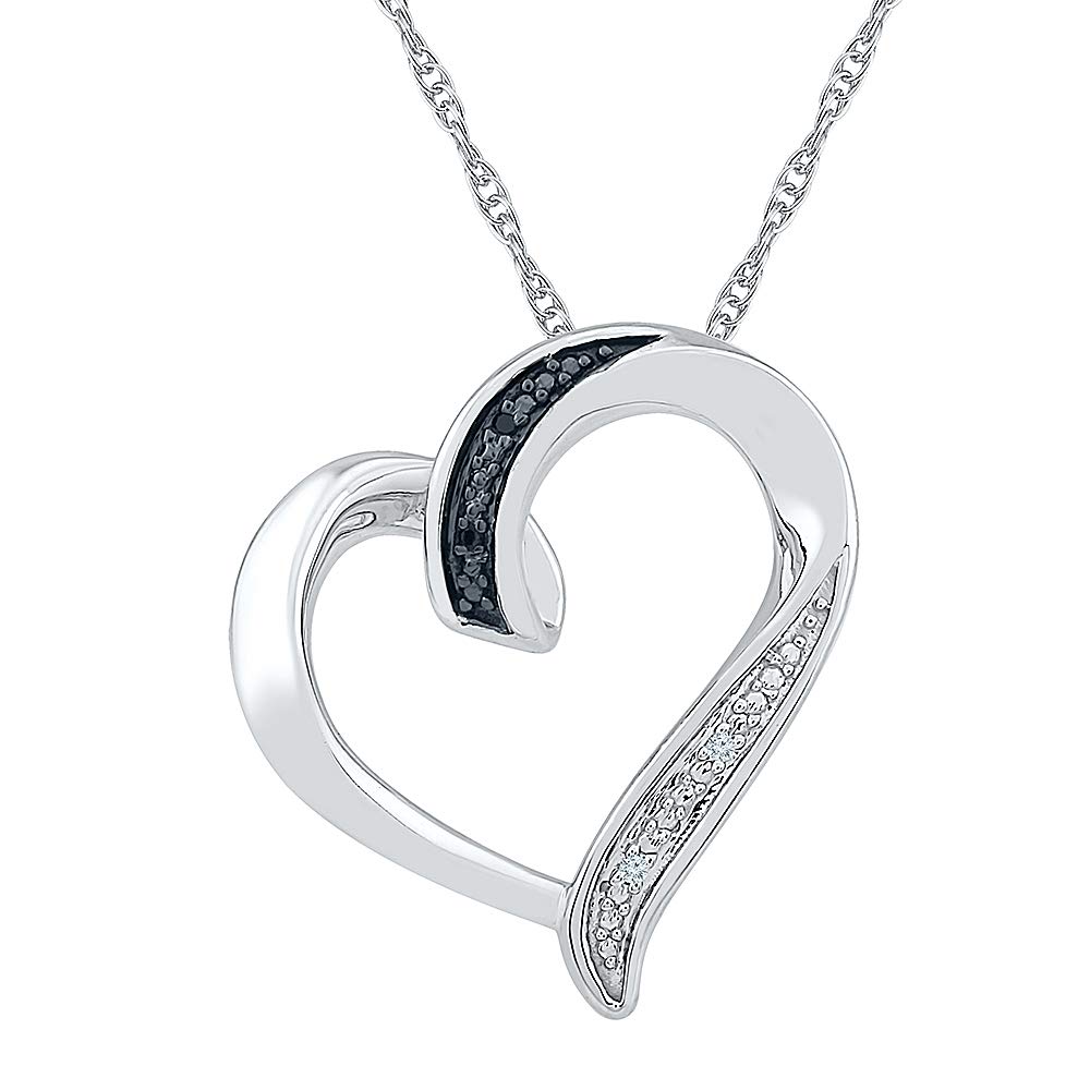 Elegant Sterling Silver Heart Pendant with White & Black Diamond Accents - Perfect for Valentine's Day Gifts & Anniversary Jewelry
