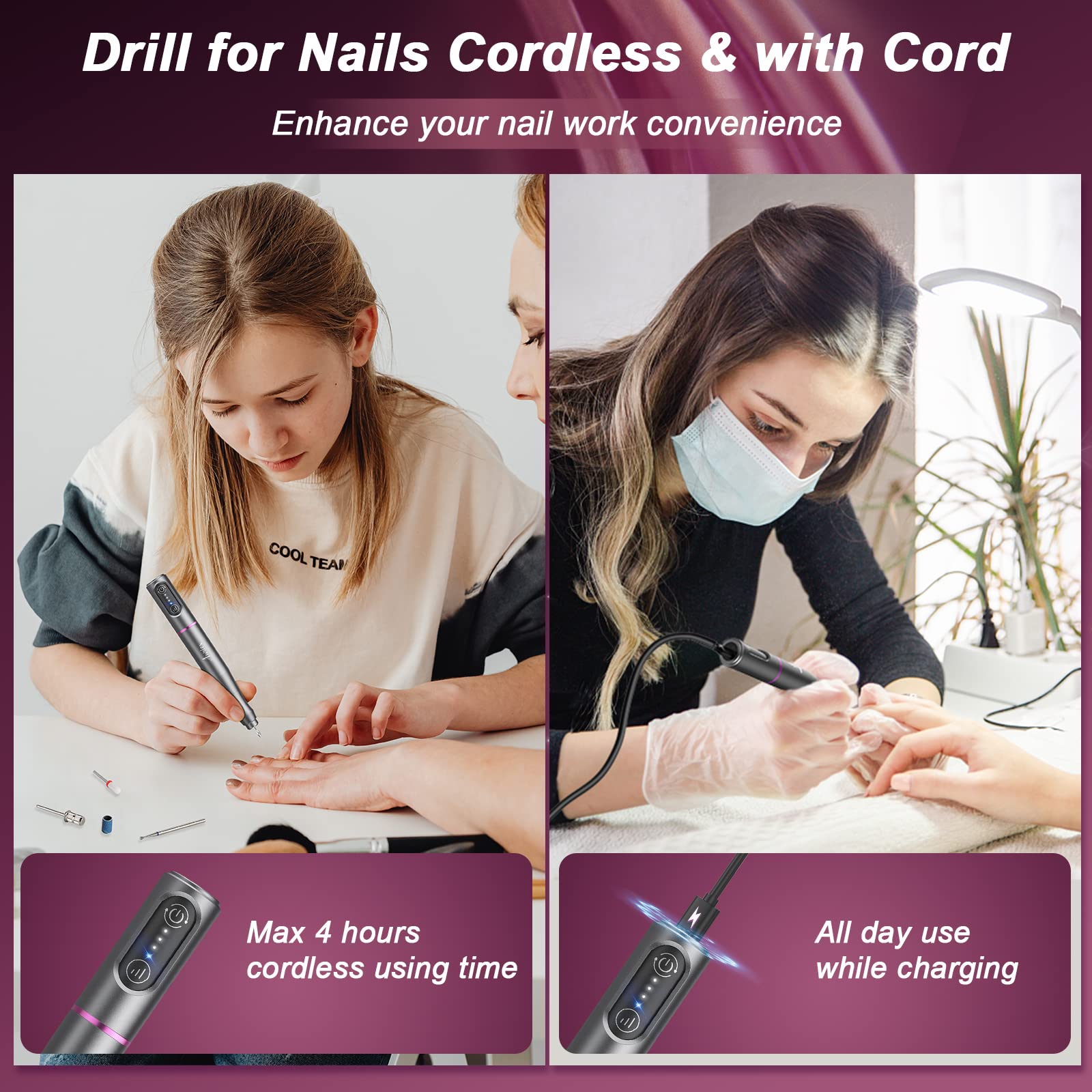 Auriox Professional Cordless Electric Nail Drill & File Kit - Rechargeable Portable Manicure Pedicure Tool with Ceramic Bit for Acrylic, Gel & Natural Nails (Gray) | Perfect for Home Salon & Nail Art Enthusiasts