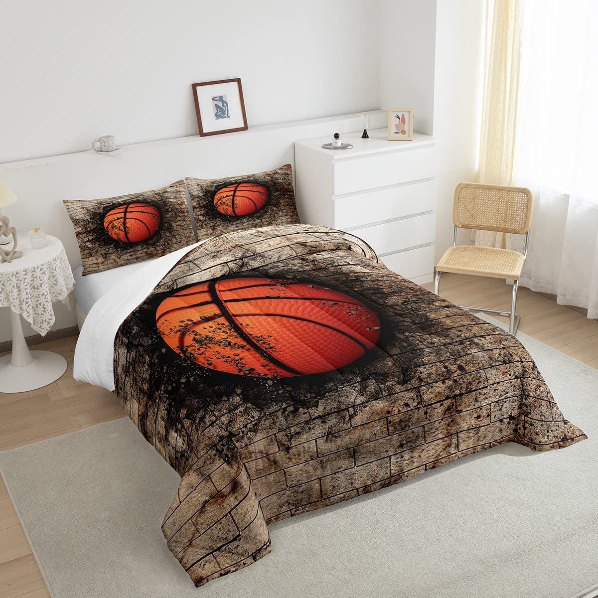 Castle Fairy Full Size Kids Basketball Comforter Set - Rustic Brown Brick Wall Design, Microfiber Quilt with 2 Pillowcases for Girls & Teens | Perfect Gift for Basketball Lovers & Competitive Sports Games | Ideal for Bedrooms, Dorm Rooms & Sleepovers
