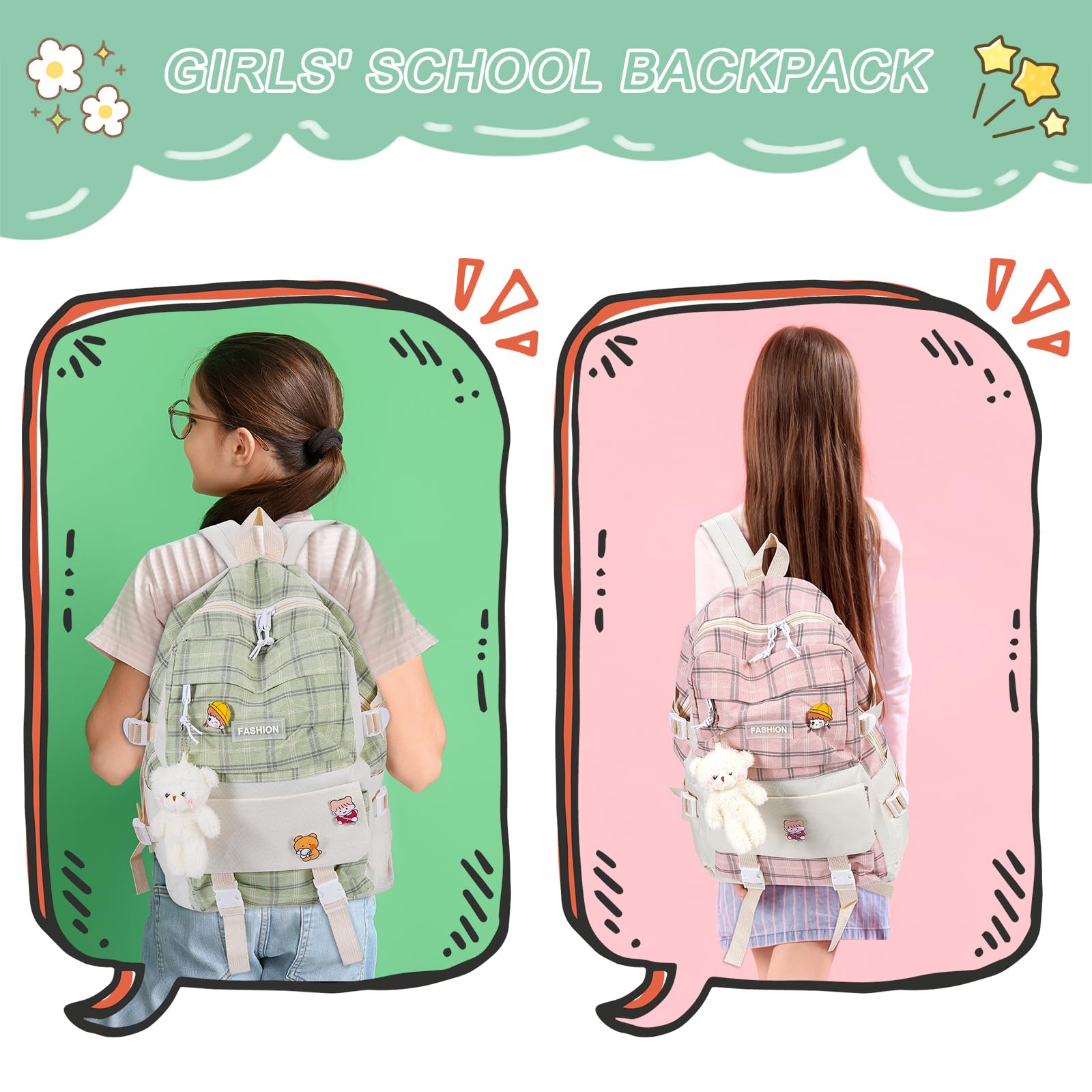 5Pcs Cute Kawaii Bear Plaid Canvas Backpack Set with Pendant & Pins - Stylish School Bags for Girls Teens, Perfect for School, Travel & Daily Use
