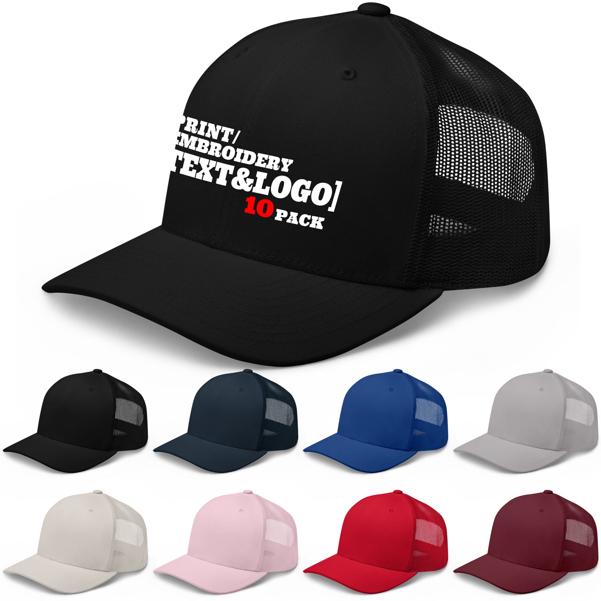 Pranboo® 10 Pack Custom Snapback Trucker Hats - Bulk Wholesale Dad Caps with Embroidery & Logo Printing for Sports, Events, and Team Branding