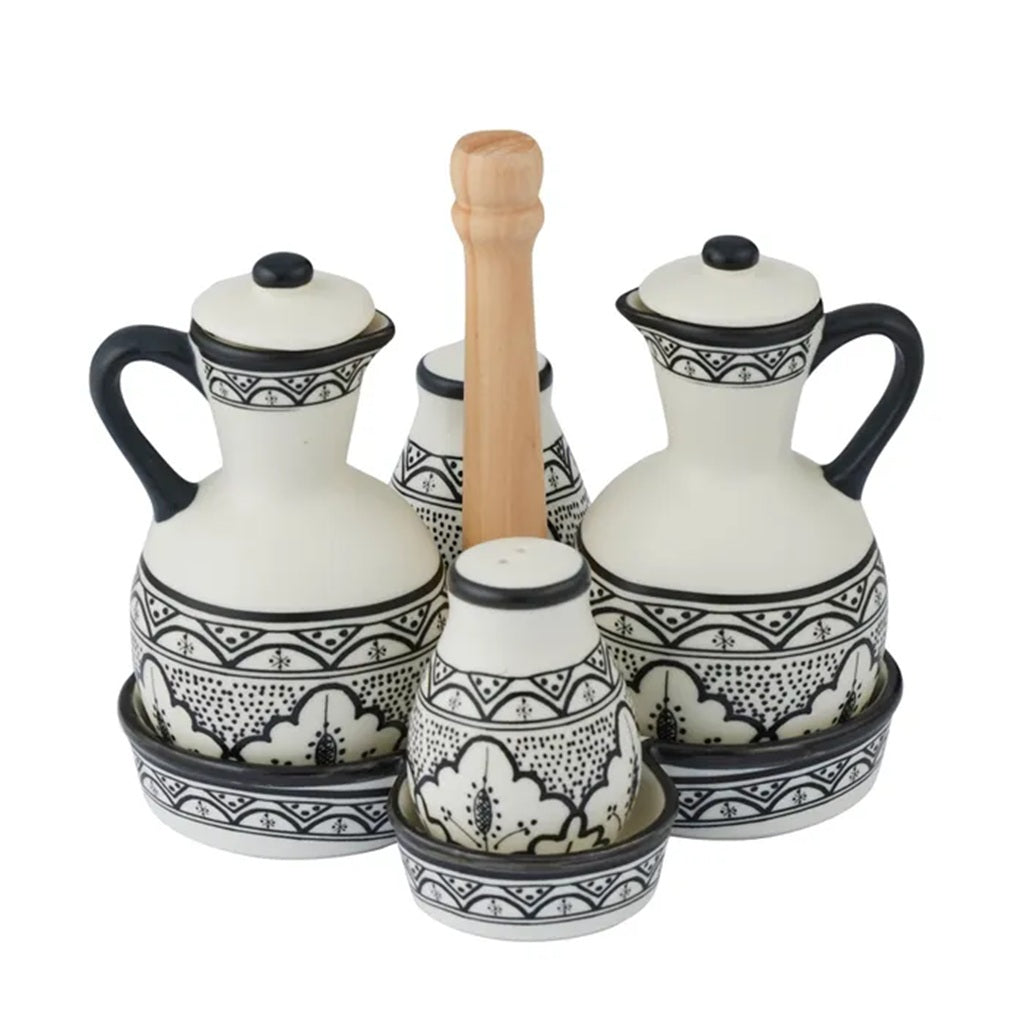 Premium Aleah Ceramic 5-Piece Cruet Set - 18x19cm Black | Elegant Oil & Vinegar Bottles with Wooden Stand | Perfect for Kitchen, Dining Table & Gift Giving