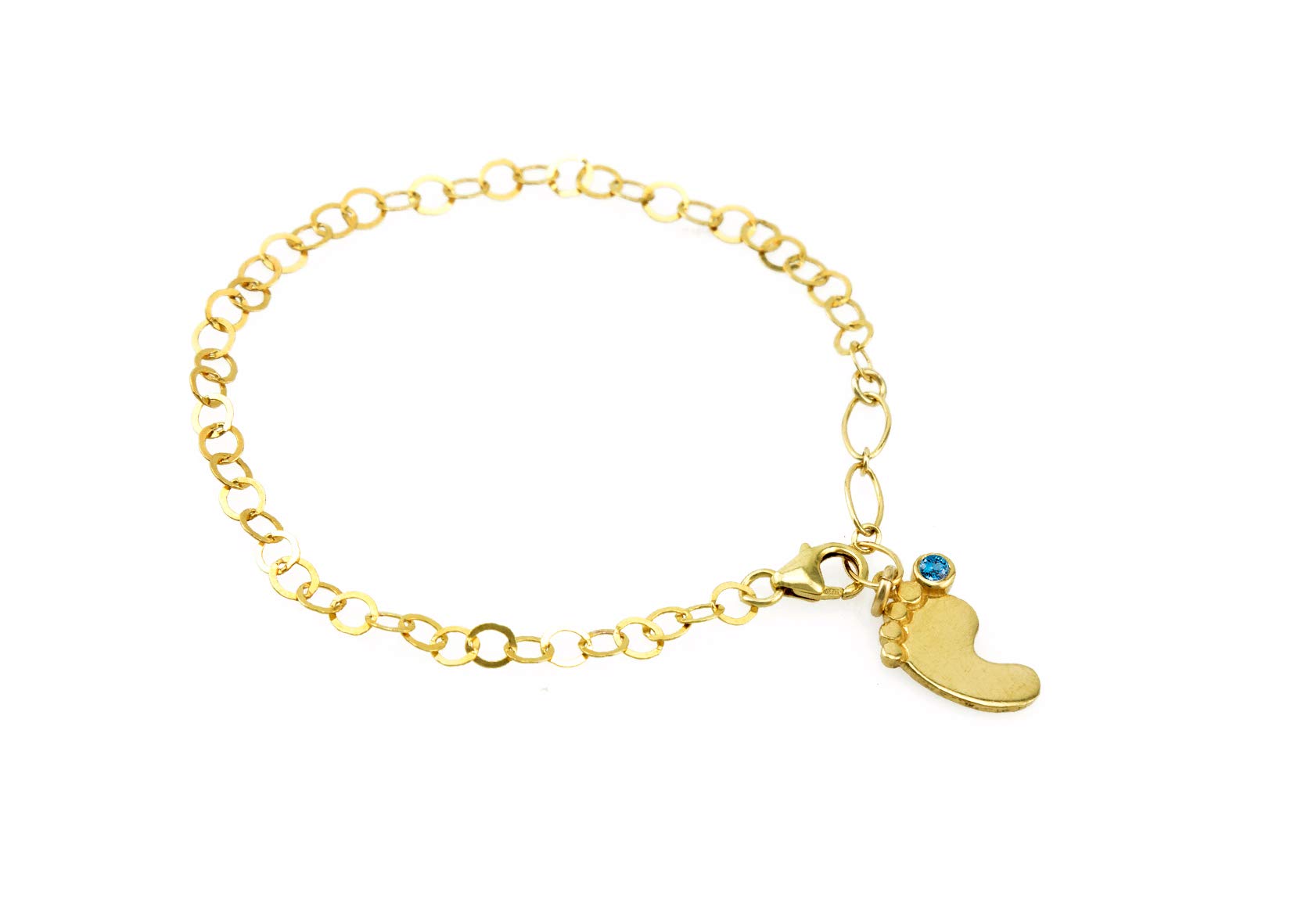 22K Gold Plated Sterling Silver Dangle Baby Foot Charm Bracelet with Light Blue Topaz CZ Gemstone - Perfect Baby Shower Gift, New Mom Present & Holiday Jewelry for Women - Ideal for Christenings, Mother's Day & Special Occasions