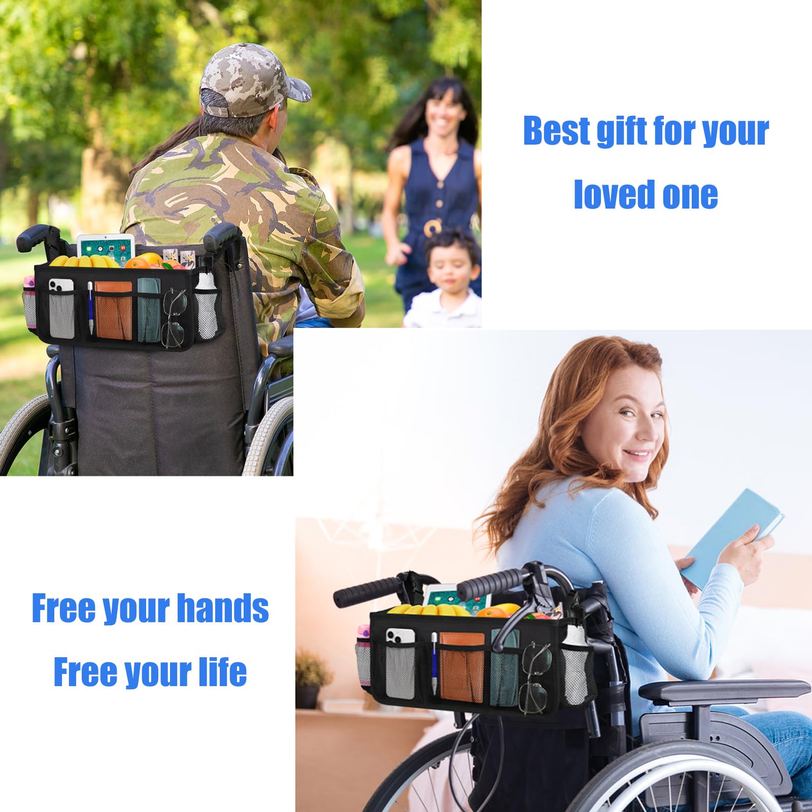 **Waterproof Wheelchair Backpack with Cup Holder & Storage Pockets - Durable Hanging Bag for Wheelchair Accessories (Black) - Perfect for Travel, Shopping & Outdoor Activities**
