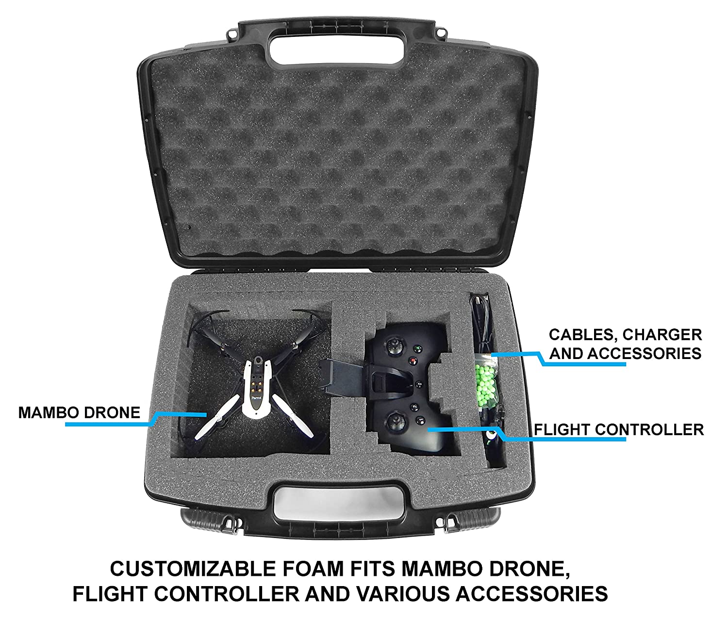 CASEMATIX Customizable Minidrone Case for Parrot Mambo Drone & Flypad Controller - Protective Storage for Drone, Cannon, Blades & Accessories | Perfect for Travel & Outdoor Adventures