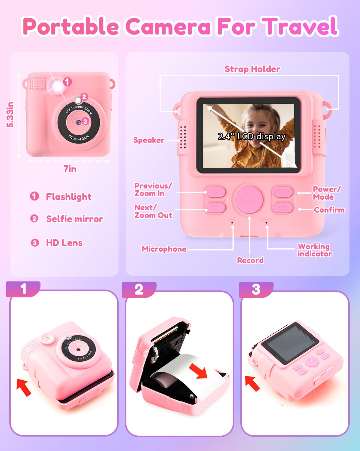YORKOO Kids Digital Camera for Girls Age 4-10 - 1080P HD Instant Print Camera with 32GB SD Card, Photo Paper & Video Recorder | Creative Toy Gift for Birthday, Christmas & Travel | Pink