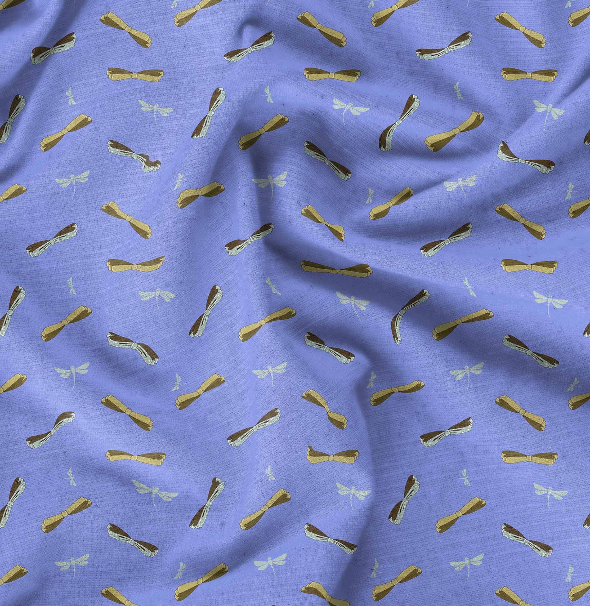 Soimoi Moss Georgette Blue Fabric by The Yard - 42 Inch Wide Printed Textile with Bow & Dragonfly Design for Fashionable Creations | Perfect for Dresses, Scarves, Home Decor and DIY Sewing Projects