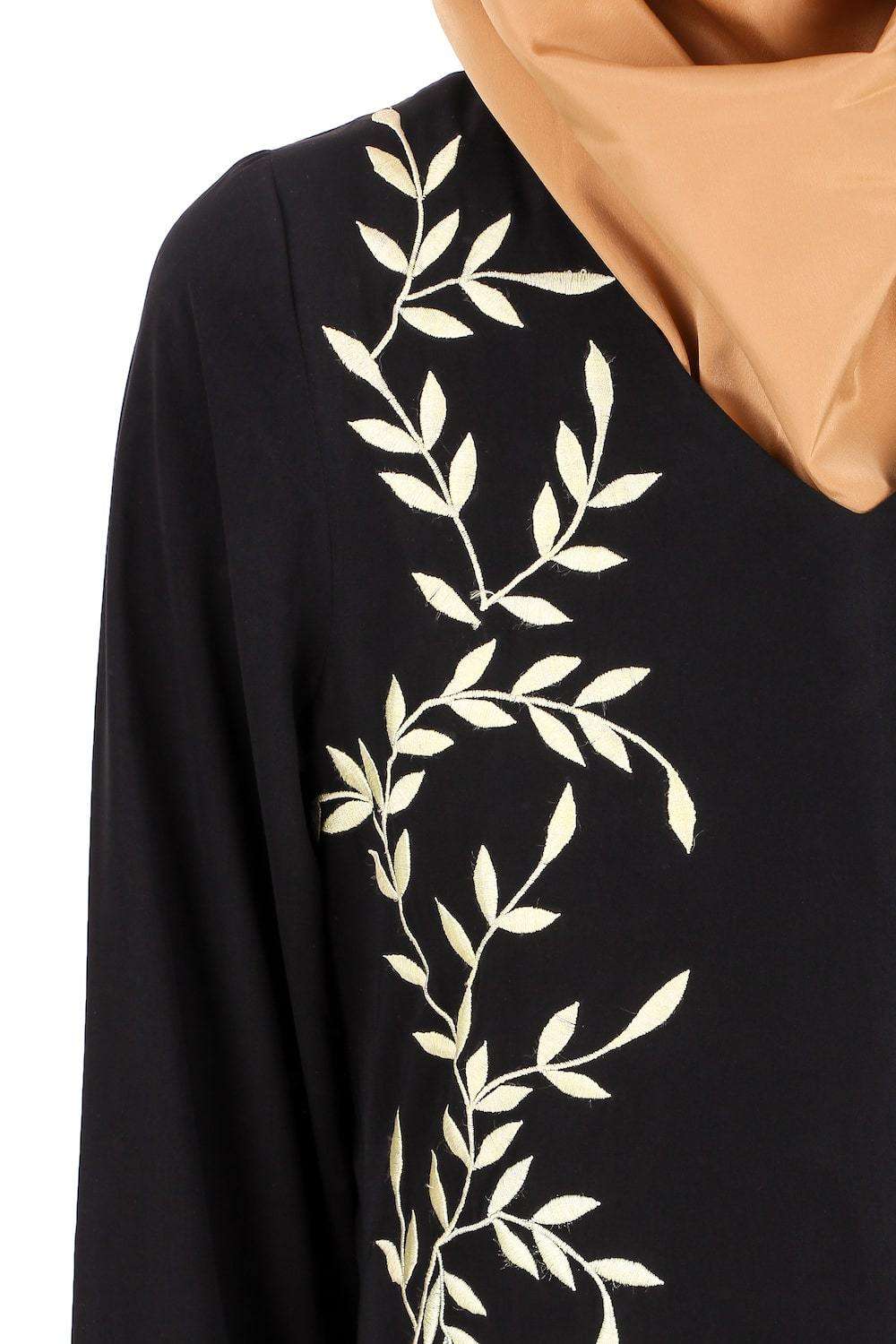 Elegant Black Nida Leaf Embroidered Abaya Dress - Islamic Modest Prayer Dress for Women - Perfect for Eid, Ramadan & Special Occasions
