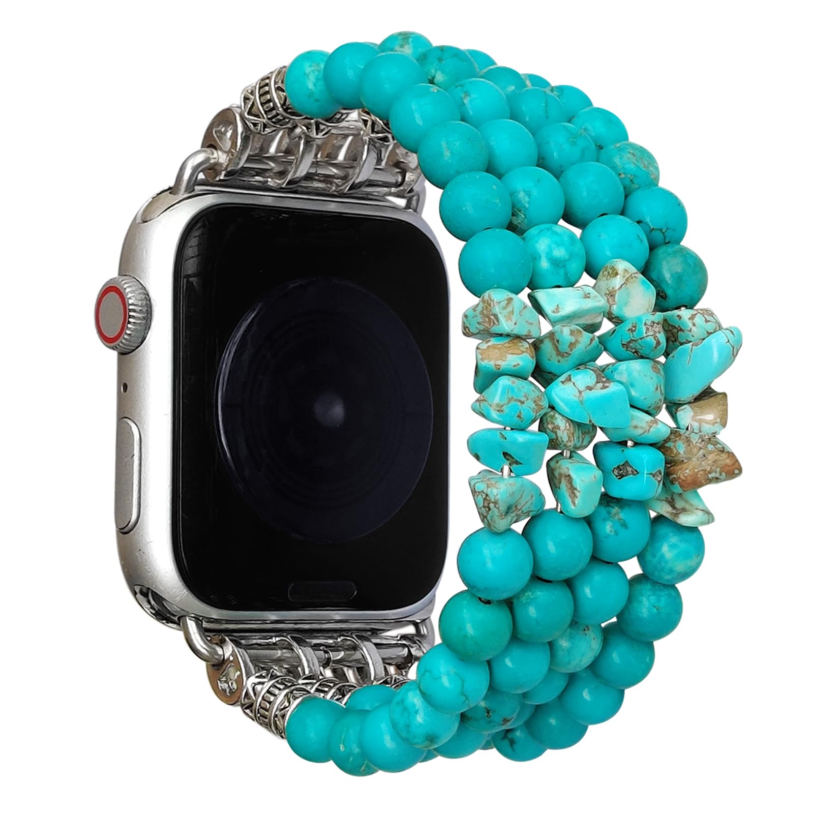 Turquoise Beaded Watch Band for Women - Compatible with Apple Watch 38mm 40mm 41mm 42mm 44mm 45mm 49mm & iWatch Ultra SE Series 9 8 7 6 5 4 3 2 1 - Elastic Replacement Strap for Casual, Office & Boho Style Outfits