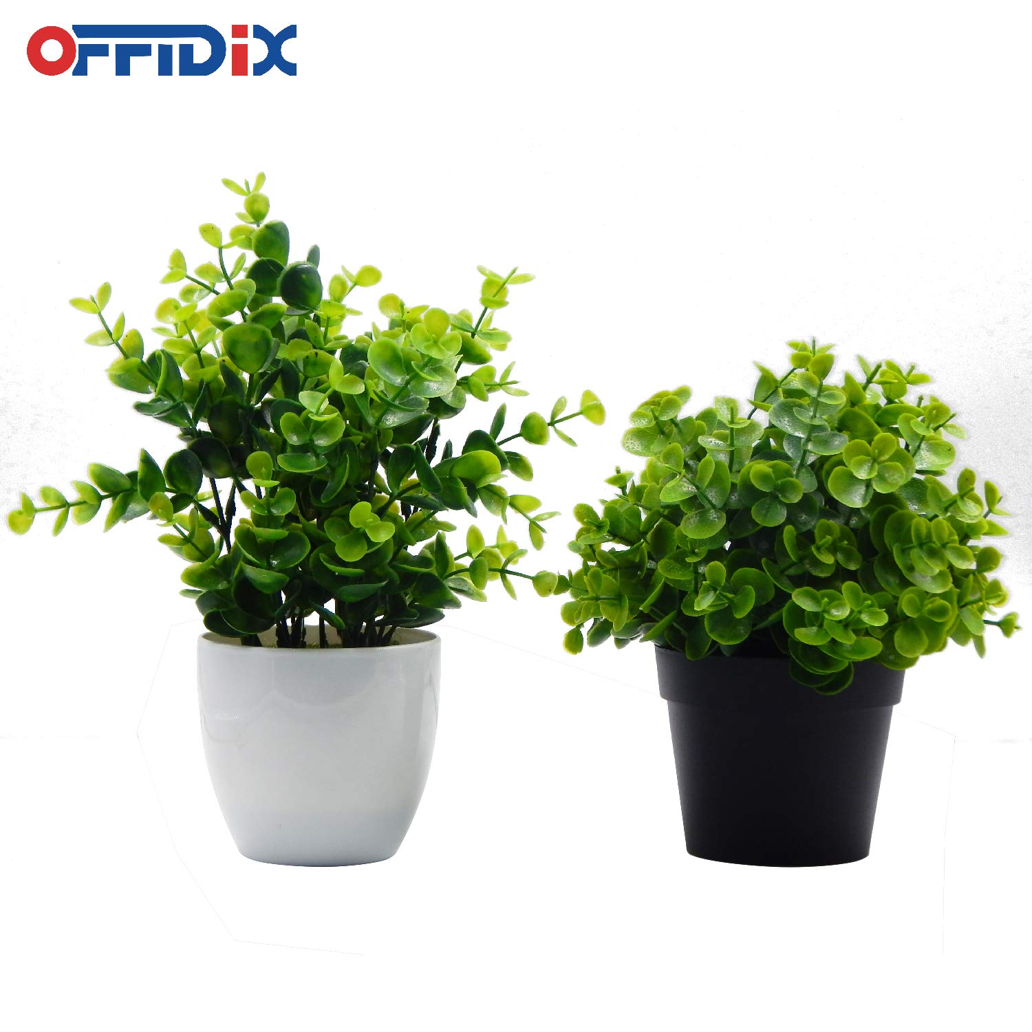 OFFIDIX Mini Artificial Eucalyptus Potted Plants - Fake Plastic Greenery for Home, Office & Bathroom Decor - Realistic Faux Plants in Black Plastic Pots for Desk, Shelf & Tabletop Decorations