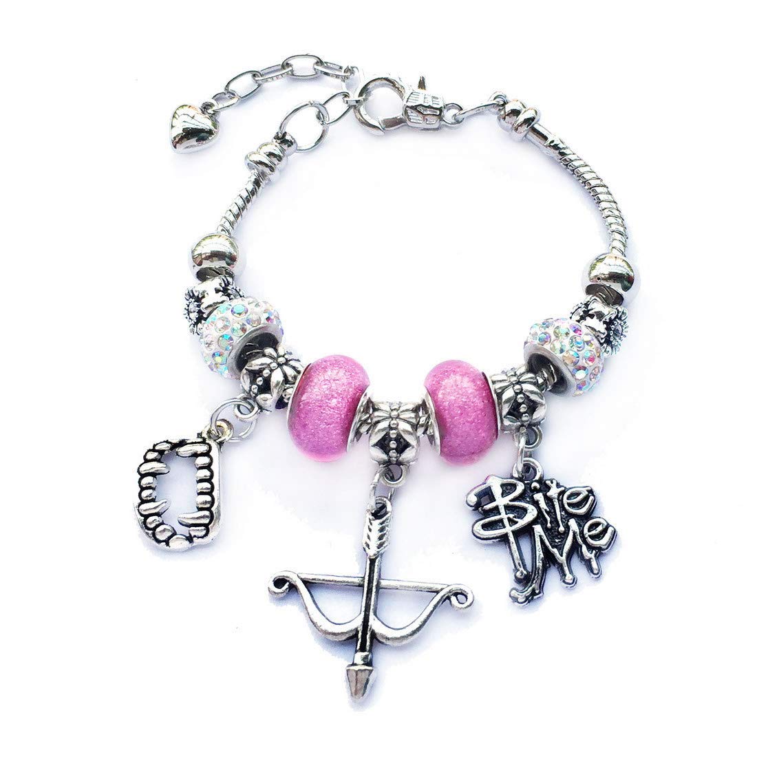 DOLON European Beads Rhinestone Alloy Arrow Bow Teeth Zombie Charm The Walking Dead Adjustable Bracelet Bangle - Gothic Jewelry for Fans, Cosplay, Halloween Costume Accessory with Gift Box