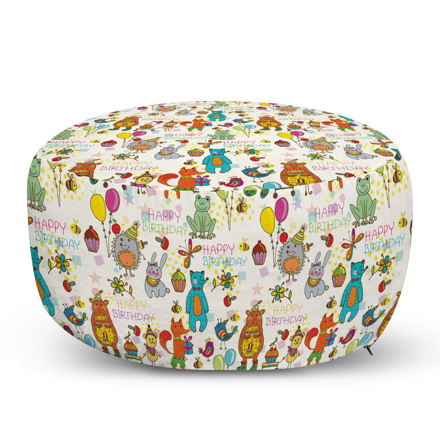 Ambesonne Birthday Ottoman Pouf - Cartoon Animal Print Footrest with Removable Cover for Living Room & Bedroom - Fun Mouse Fox Bear Wolf Frog Hedgehog Hare Design - Perfect for Home Decor, Lounge Seating & Kids Play Area