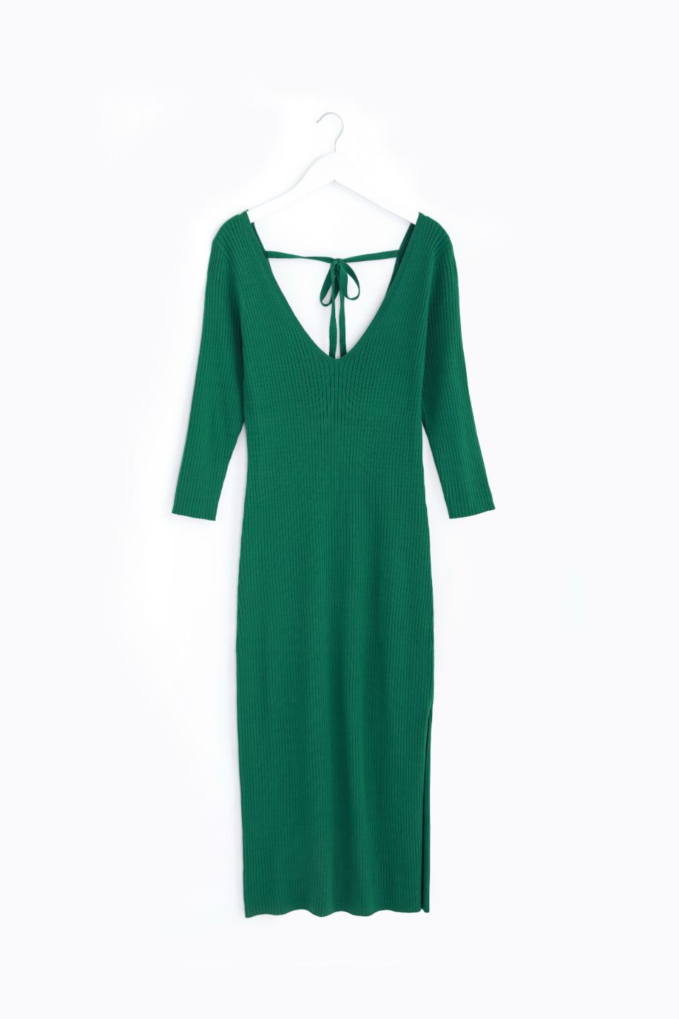 Equinox Kelly Green Half Sleeve V Neck Tie Back Rib Knit Midi Dress - Women's Casual Summer Dress for Beach, Party & Date Night