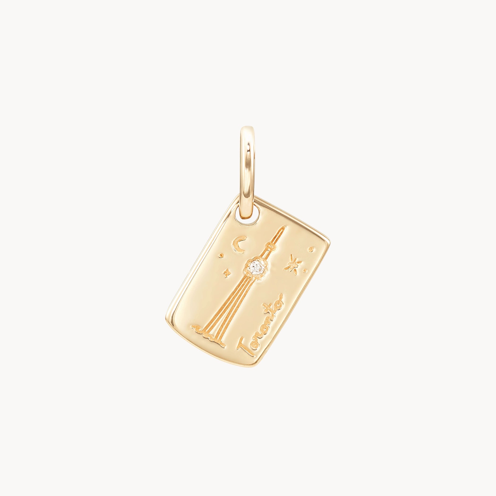 10K Yellow Gold Toronto Postcard Charm with Brilliant Diamond - Perfect for Travel Lovers & Jewelry Gifts