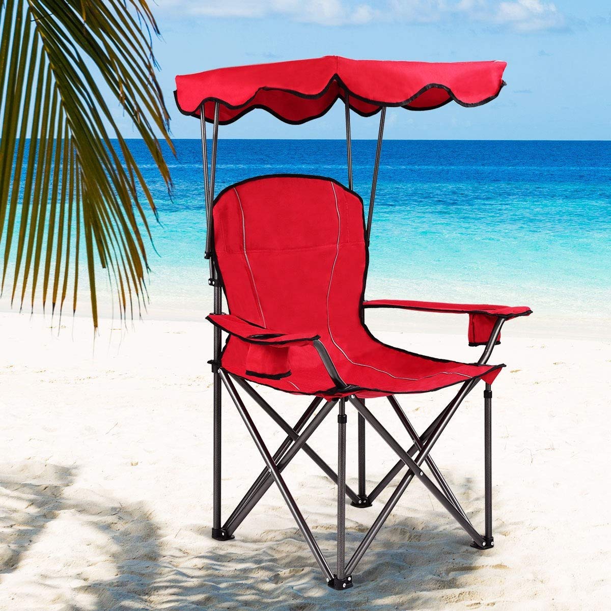 Renetto Portable Folding Beach Canopy Chair with Cup Holders - Best Selling Lounge & Picnic Chair for Outdoor Relaxation (Red) - Perfect for Beach, Camping, Backyard and Poolside Use