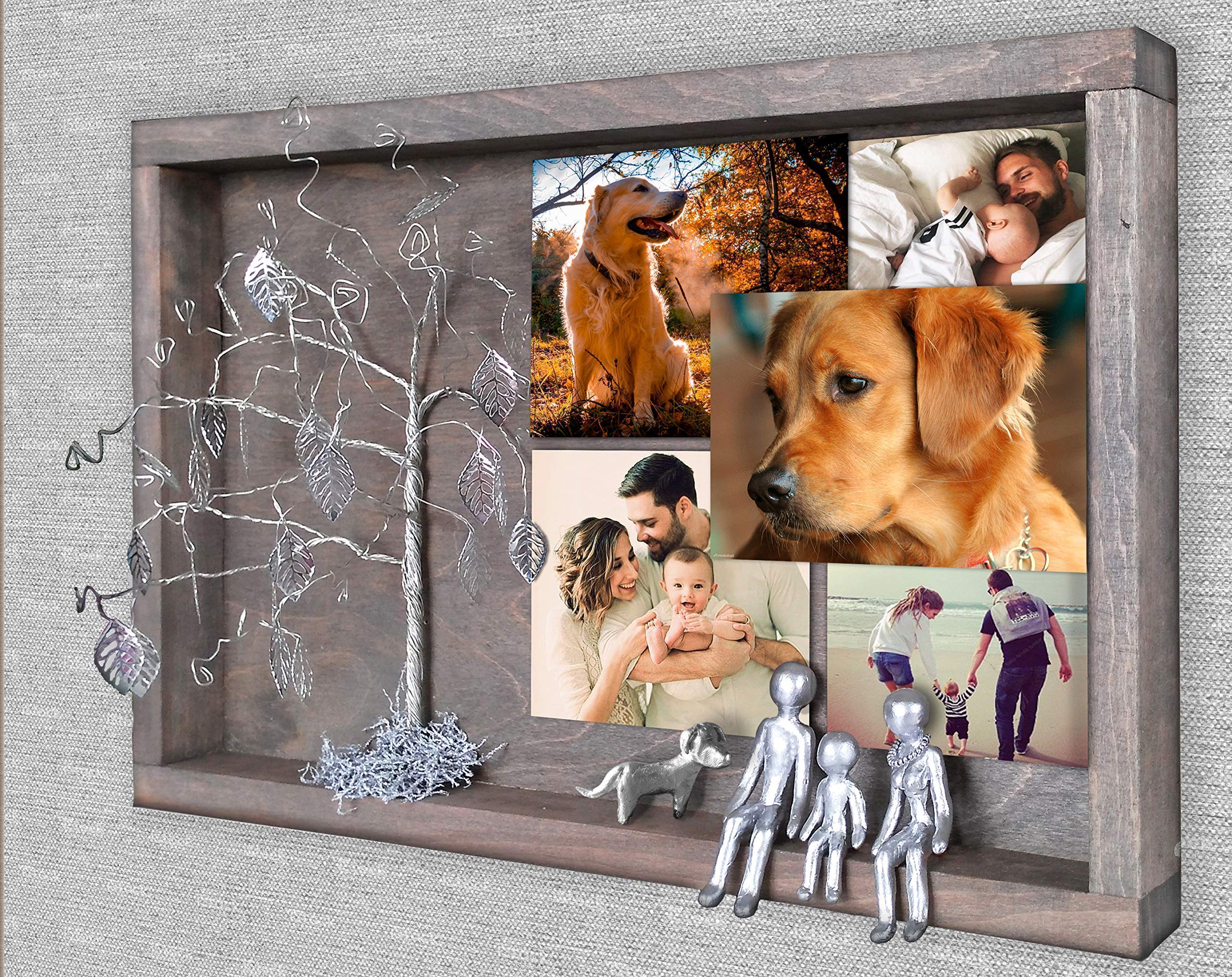 Personalized Family Picture Frame Collage - Tin Iron Silver Wall Photo Frames for 4 6 8 10 12 Years Anniversary, Wedding, Willow Family Tree Display with 4 Figurines - Perfect Gift for Inlaws, Grandmother, Home Decor & Memory Keepsake (OP-C4R)