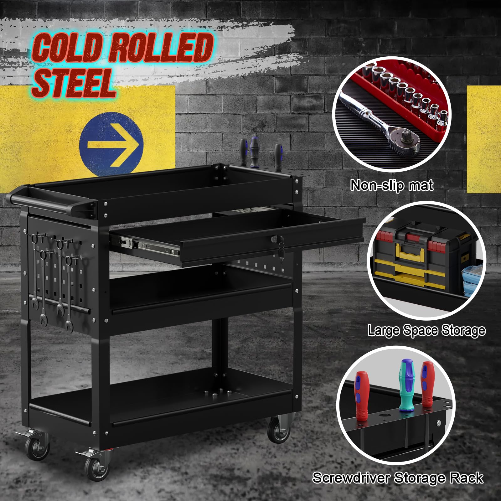3 Tier Rolling Tool Cart with Drawer & Lock - Heavy Duty 330 lb Capacity Metal Utility Cart for Garage, Workshop, Warehouse - Tool Storage Organizer for Mechanics, Repair Shops & DIY Projects (Black)