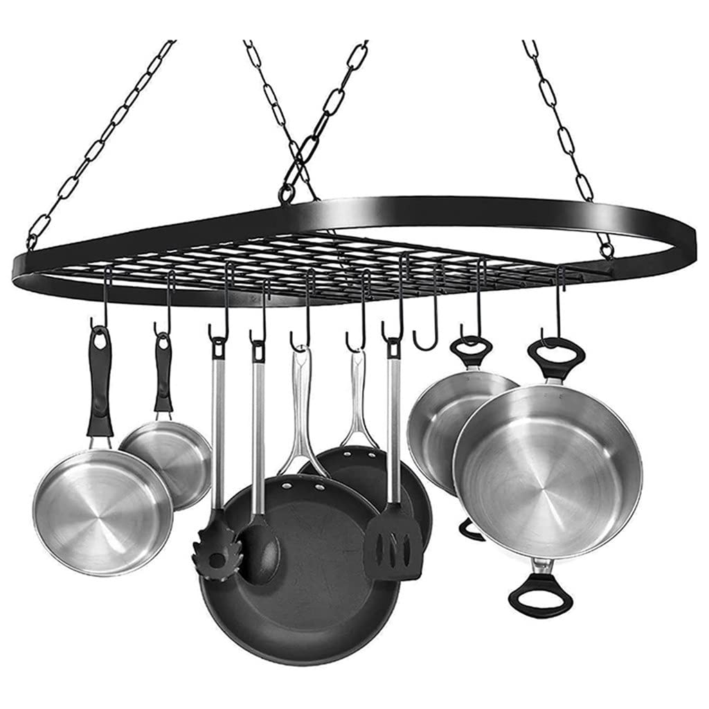 Overhead Ceiling Mounted Pot and Pan Rack Organizer - 10 Heavy Duty Hooks for Kitchen Storage, Space Saving Cookware Hanger - Perfect for Small Kitchens, RVs, and Tiny Homes