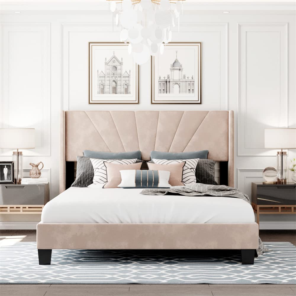 Velvet Upholstered Queen Size Platform Bed Frame with Tufted Headboard - Sturdy Wood Slat Support, No Box Spring Needed, Easy Assembly Beige - Perfect for Modern Bedrooms, Guest Rooms & Master Suites