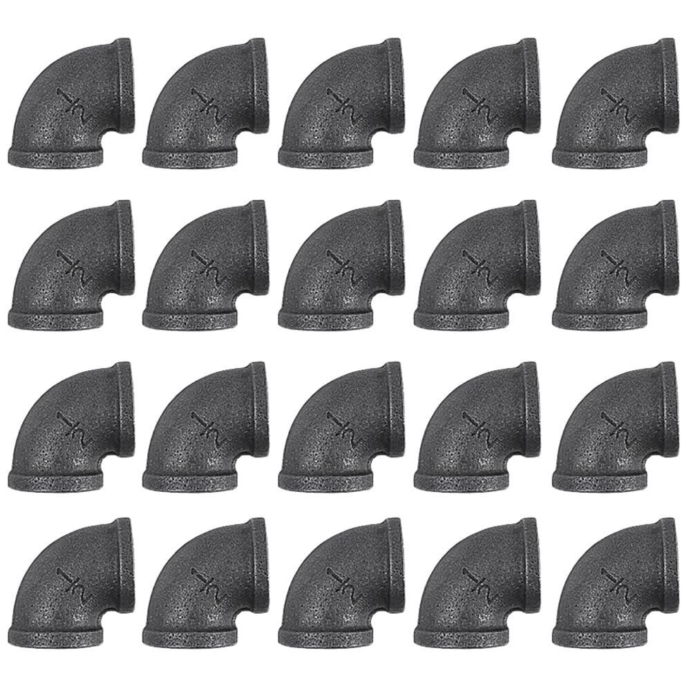 20 Pack 1/2 Inch 90 Degree Black Elbow Threaded Pipe Fittings - Heavy Duty Cast Iron Pipe Connectors for DIY Furniture, Industrial Decor, Steampunk & Vintage Style Home Improvement Projects - Perfect for Shelving, Tables, and Pipe Railings